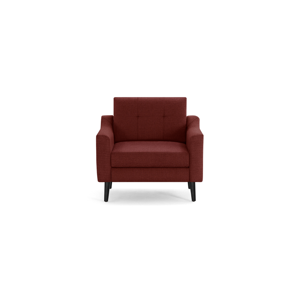 Modern single-seat armchair in deep red fabric with tufted backrest and black tapered wooden legs.