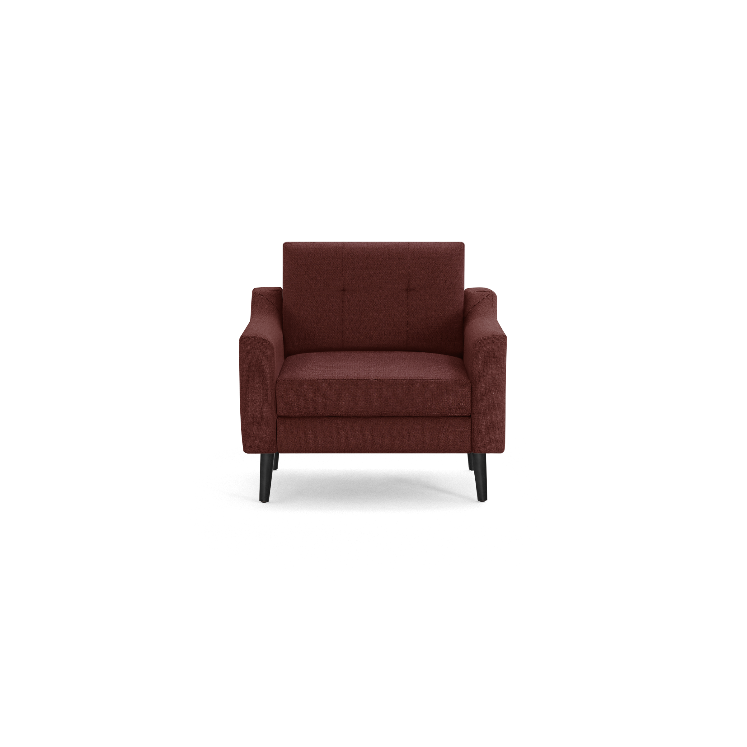 Modern single-seat armchair in deep red fabric with tufted backrest and black tapered wooden legs.