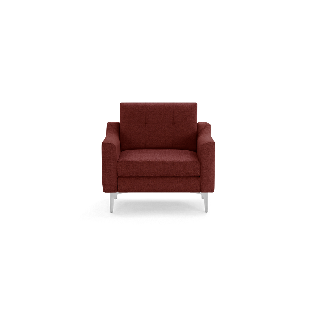 Front view of a modern, single-seat armchair upholstered in deep red fabric with metal legs.
