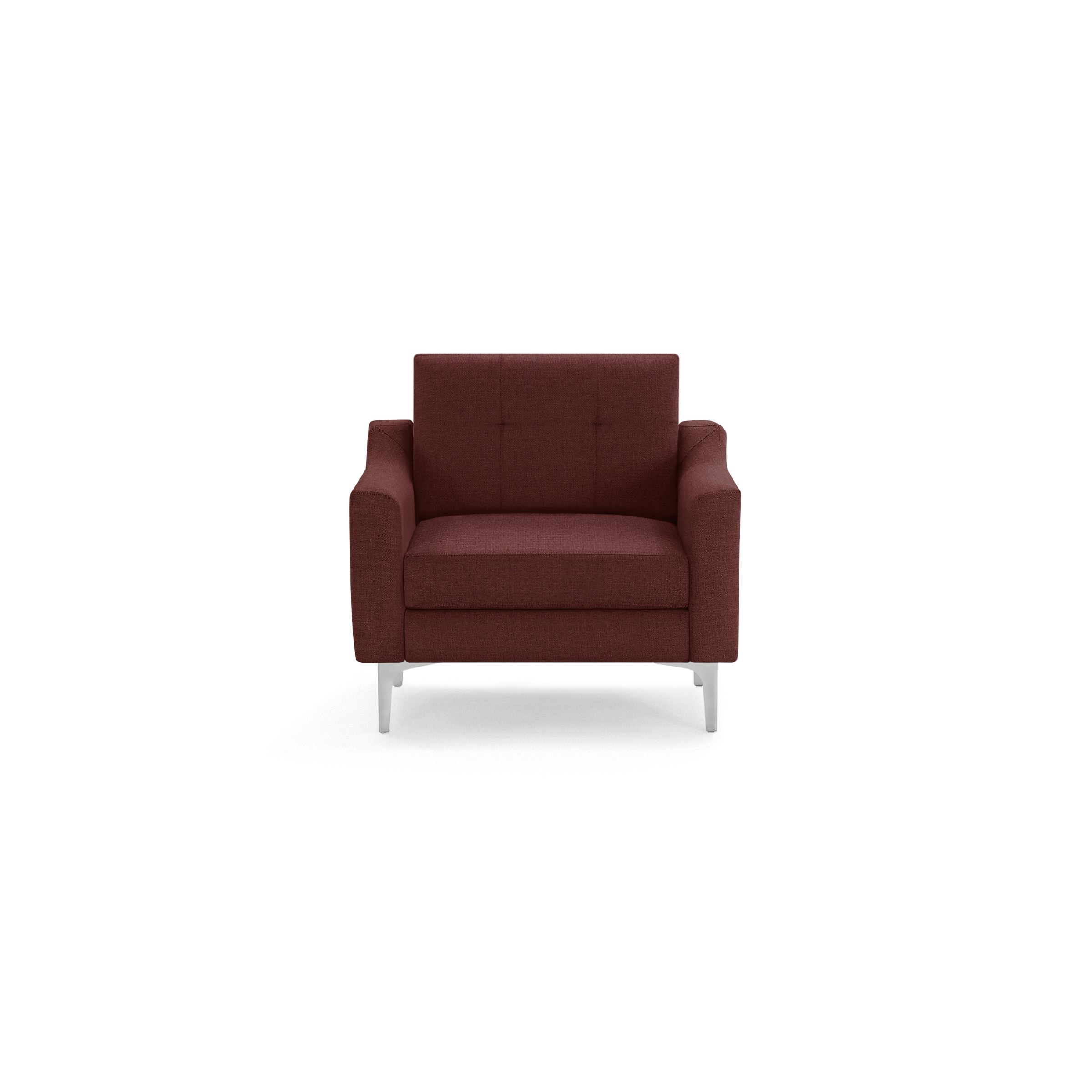 Front view of a modern, single-seat armchair upholstered in deep red fabric with metal legs.