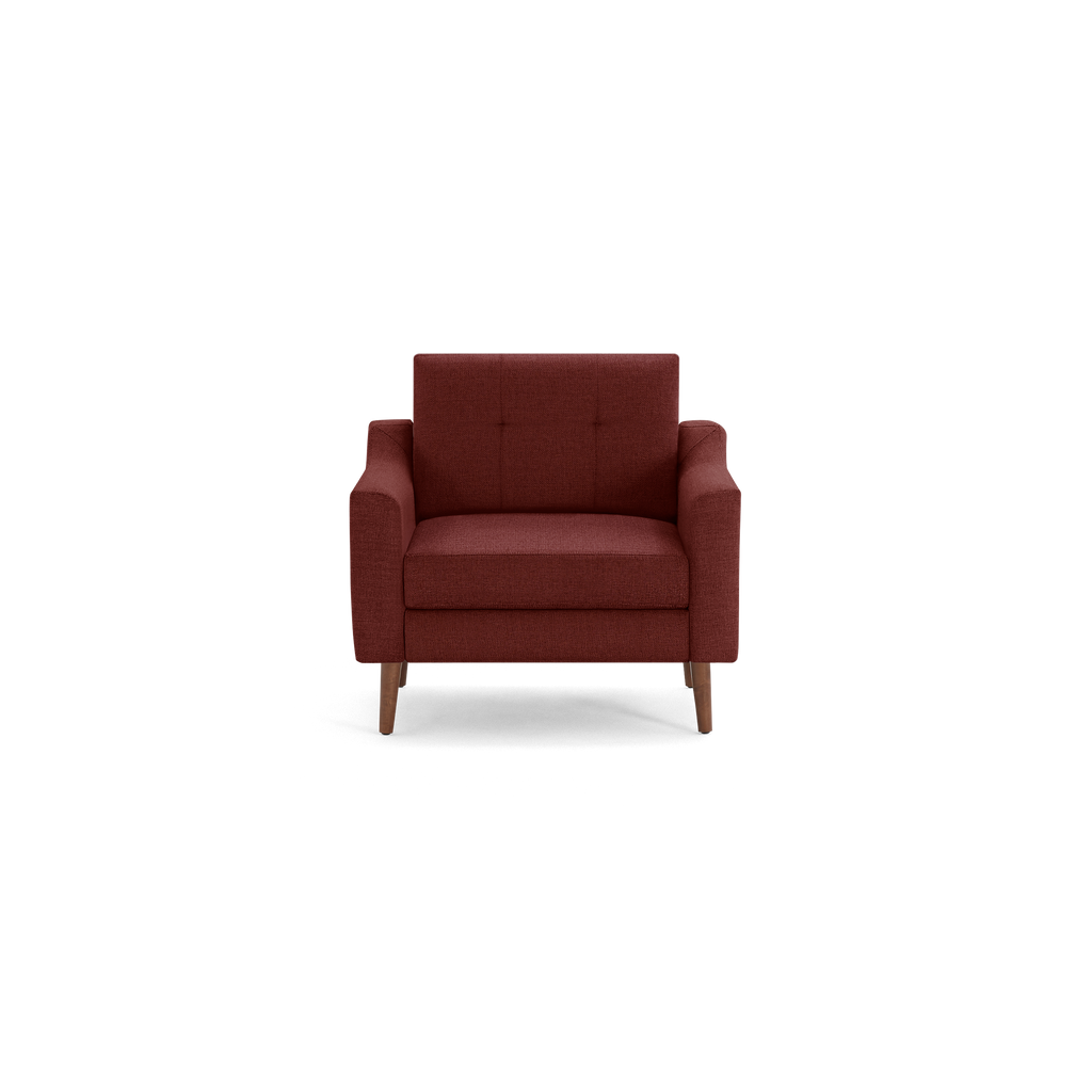 Front view of a modern single-seat armchair upholstered in deep red fabric with wooden tapered legs.