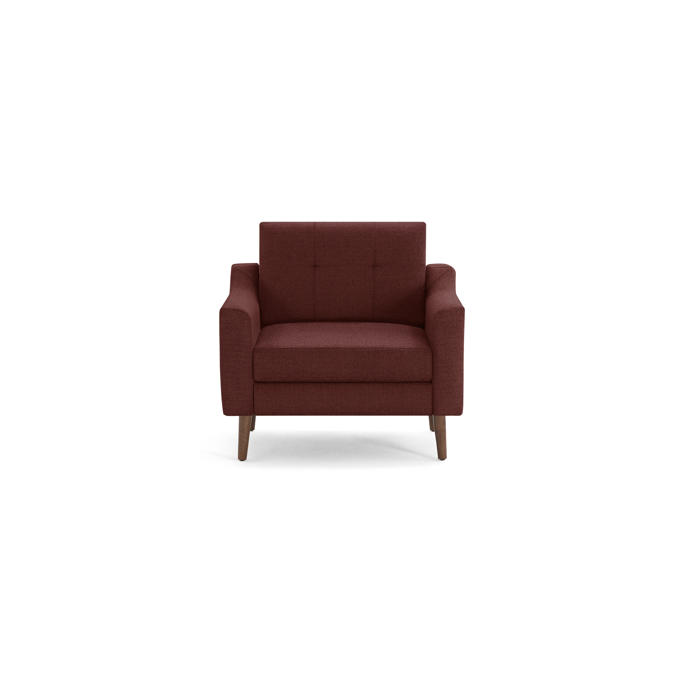 Front view of a modern single-seat armchair upholstered in deep red fabric with wooden tapered legs.