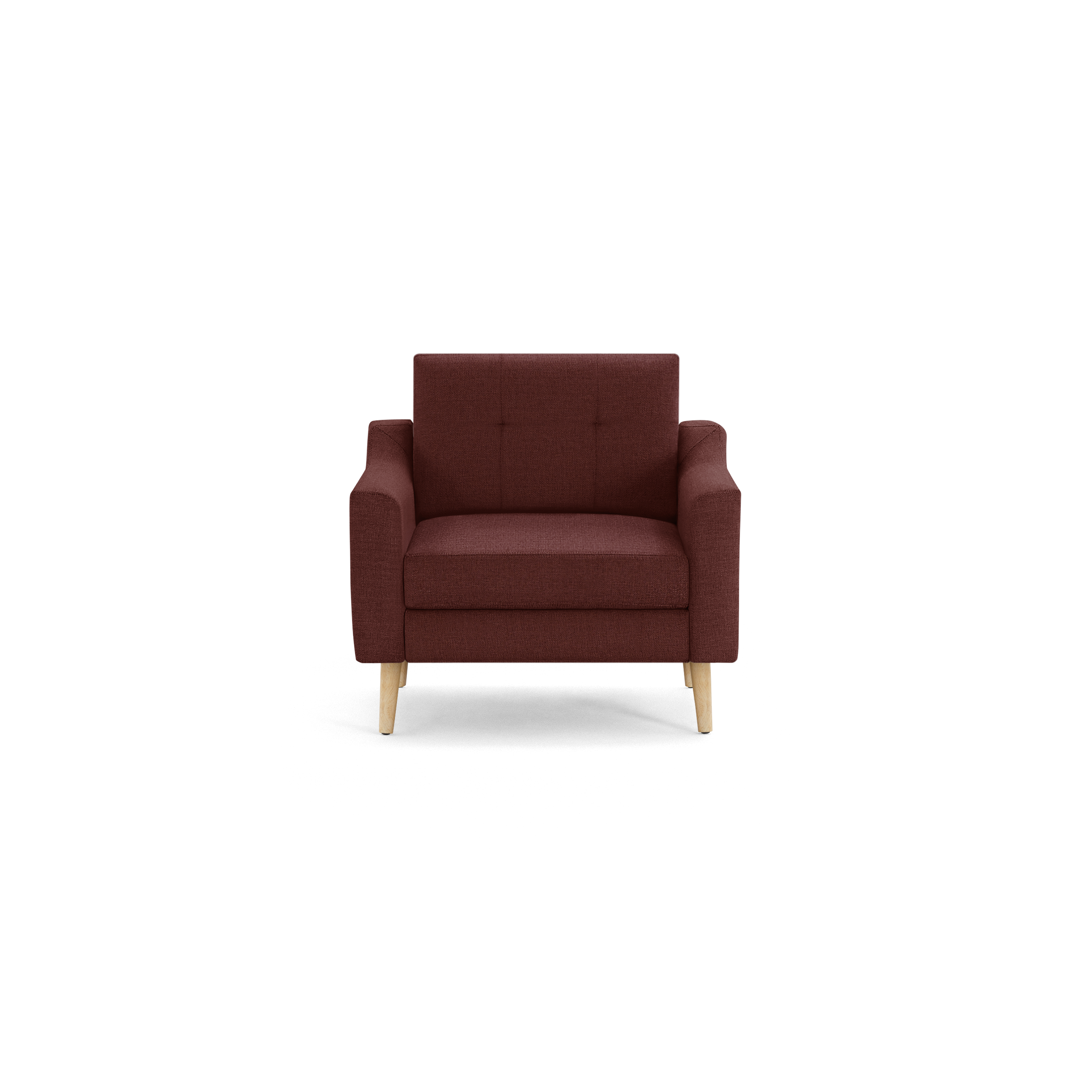 Front view of a modern, deep red fabric armchair with tufted backrest and light wooden legs.