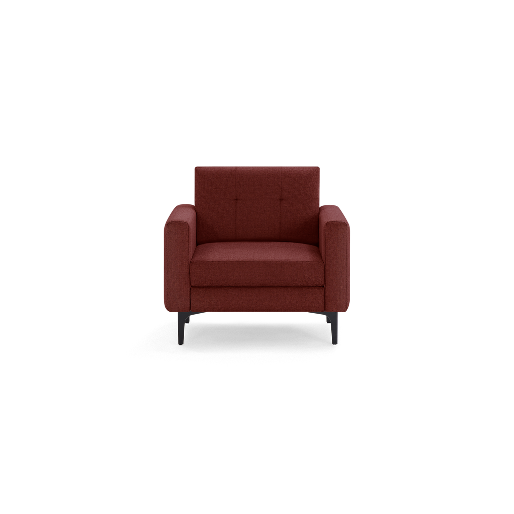Front view of a modern, burgundy upholstered armchair with square arms and black metal legs.