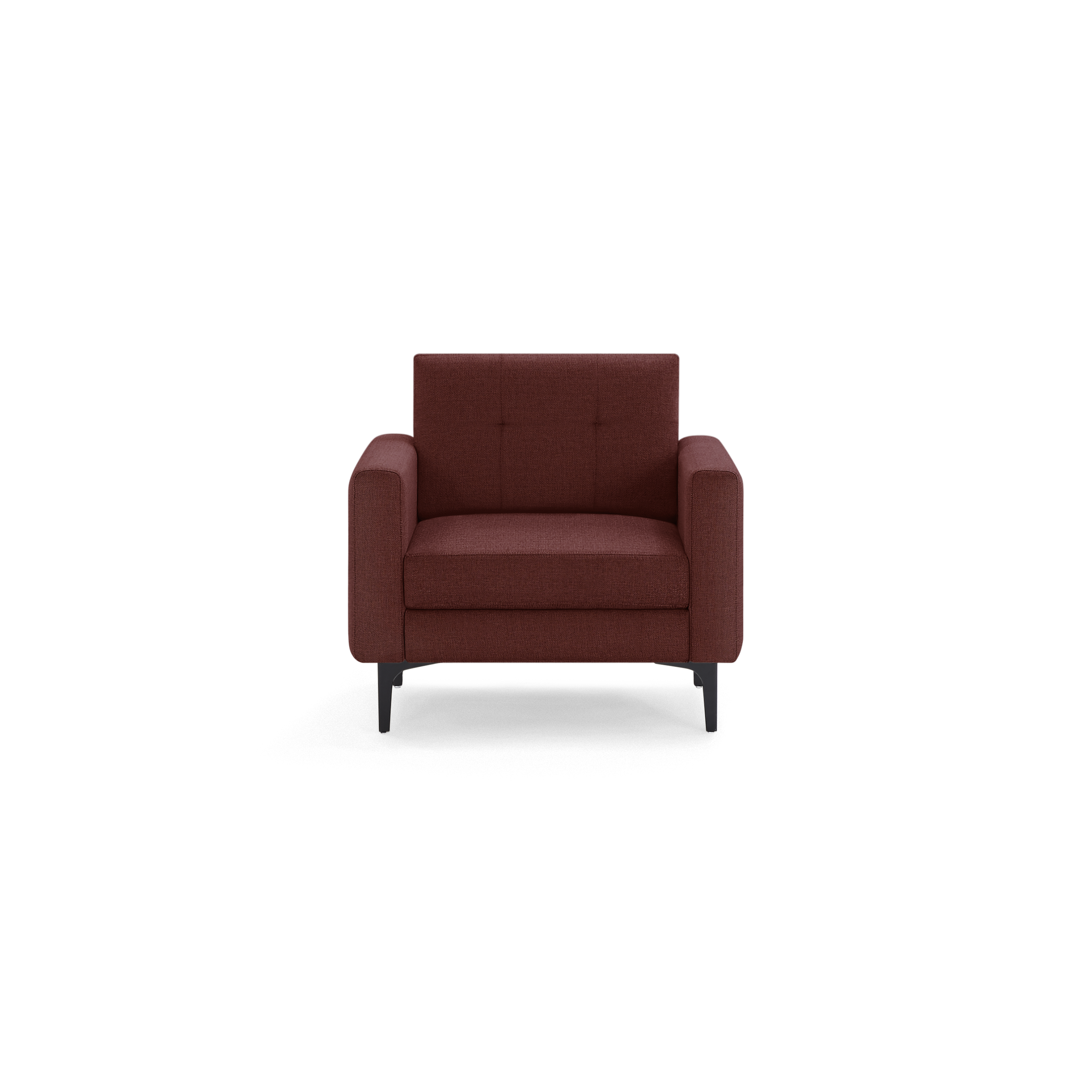 Front view of a modern, burgundy upholstered armchair with square arms and black metal legs.