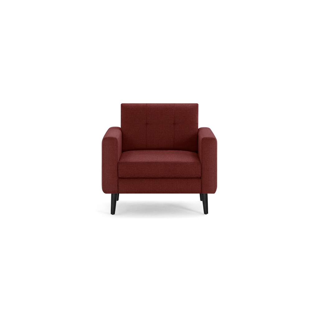 Front view of a modern, single-seat armchair in deep red fabric with cushioned back, armrests, and black tapered legs.
