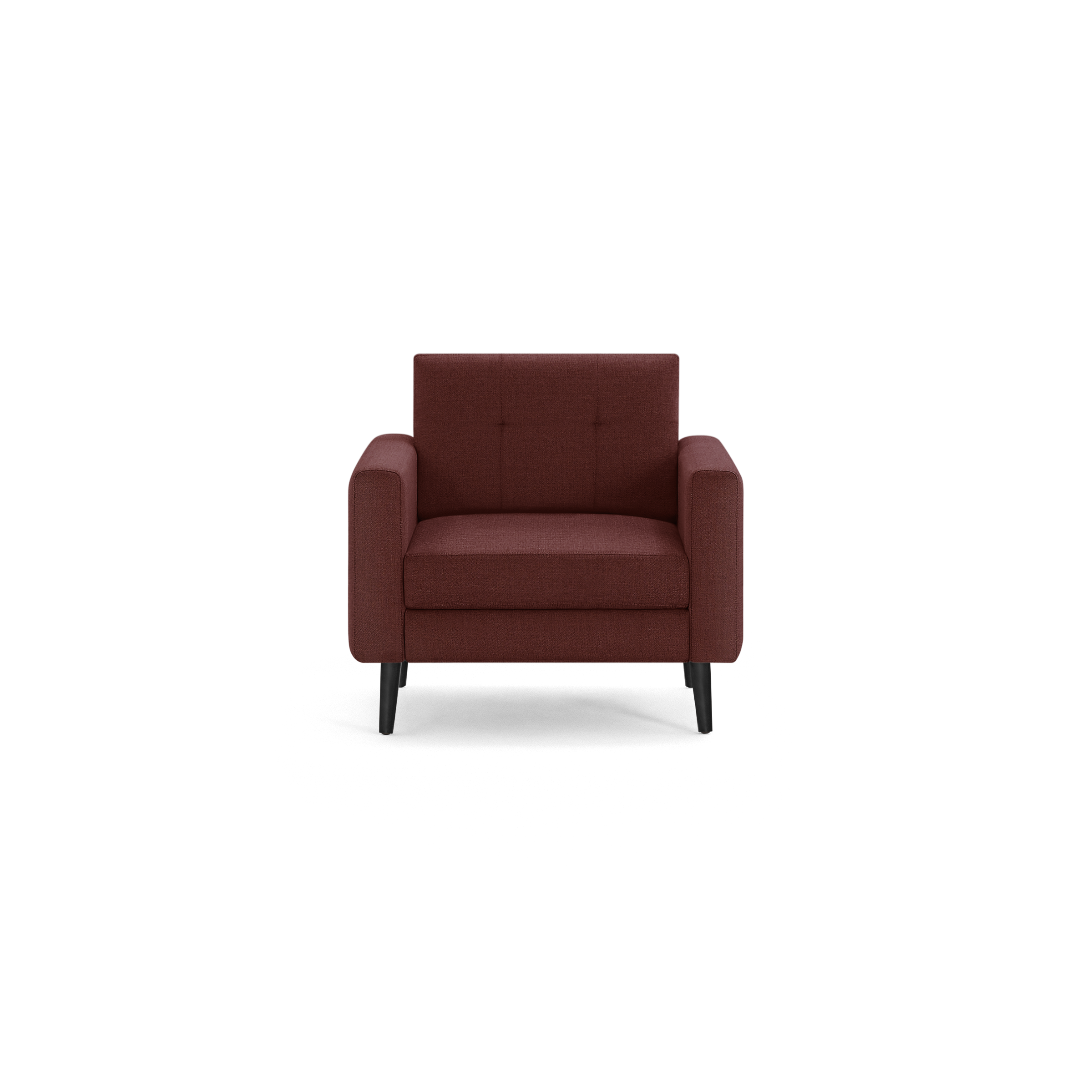 Front view of a modern, single-seat armchair in deep red fabric with cushioned back, armrests, and black tapered legs.