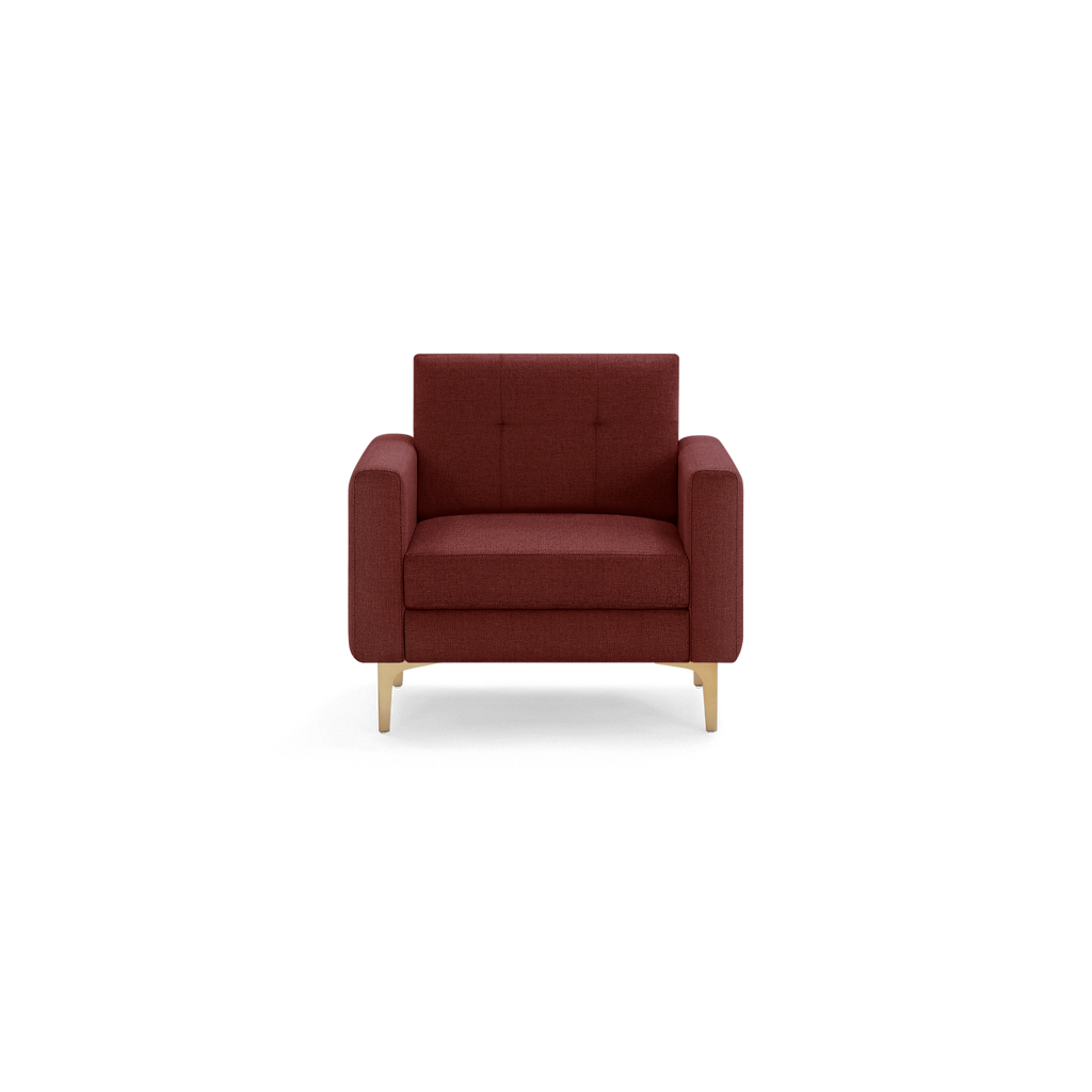 Front view of a modern armchair with dark red upholstery and light wooden legs on a transparent background.