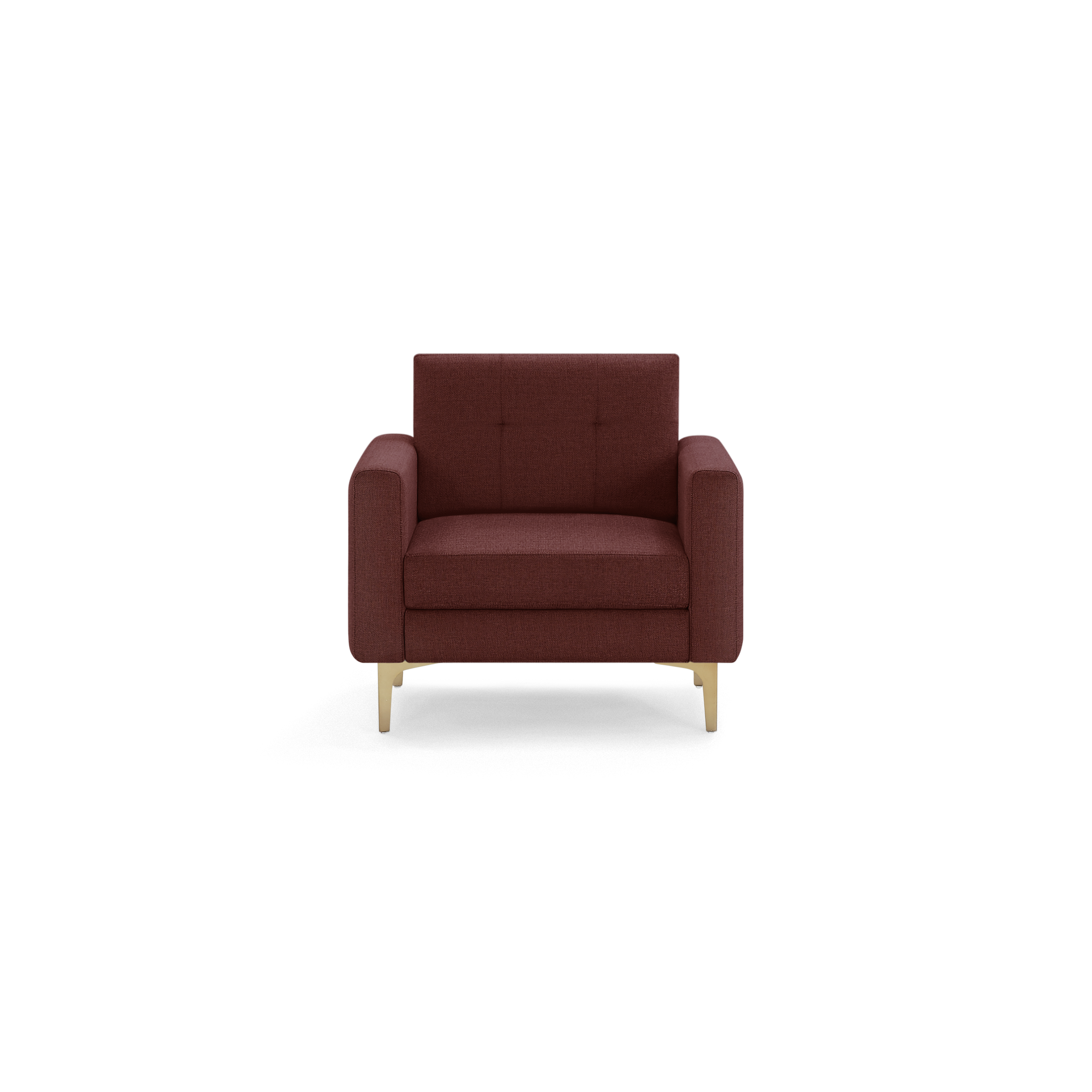 Front view of a modern armchair with dark red upholstery and light wooden legs on a transparent background.