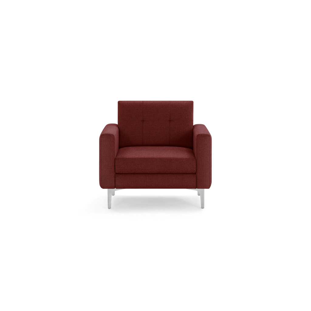 Front view of a modern single-seat armchair upholstered in dark red fabric with metal legs and square armrests.