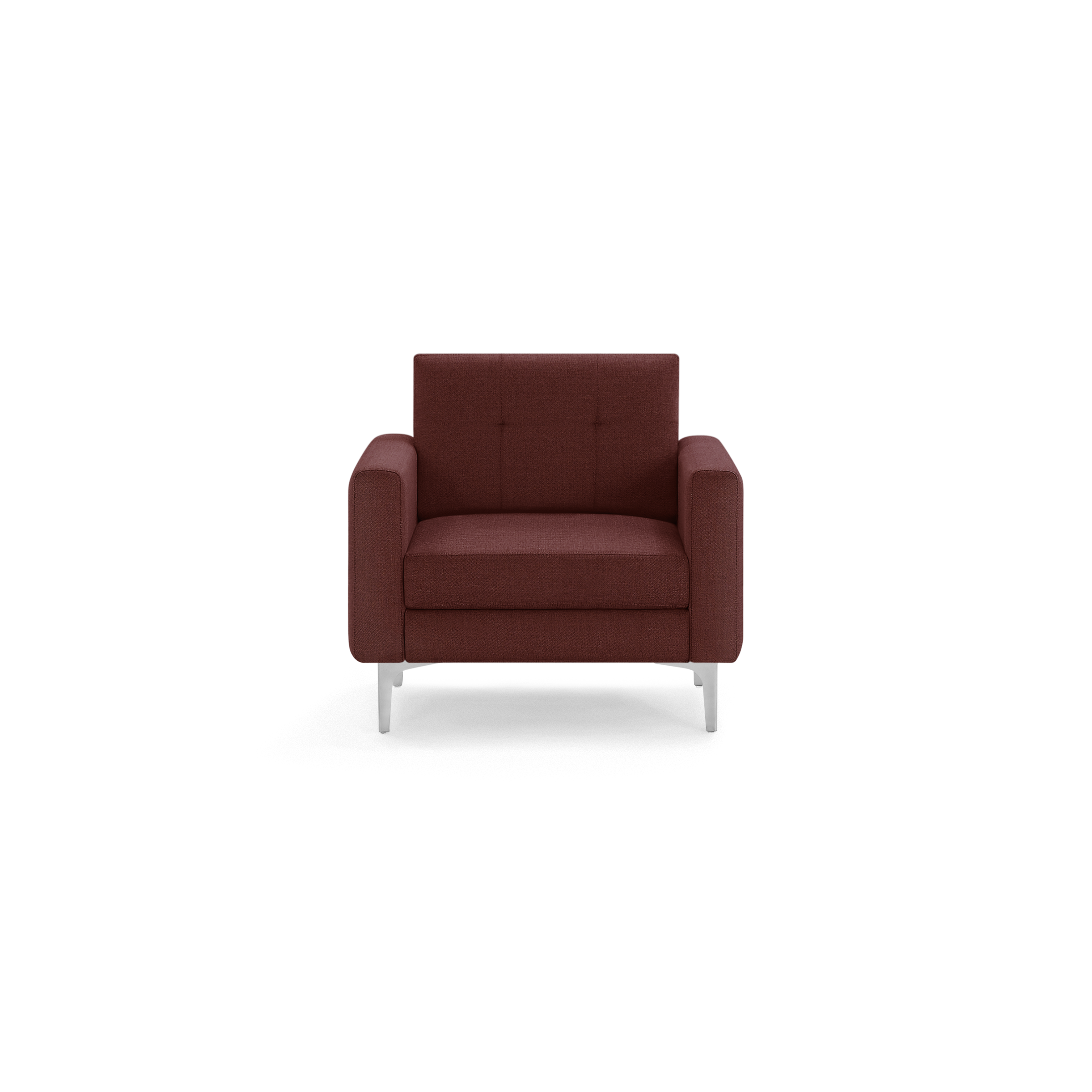 Front view of a modern single-seat armchair upholstered in dark red fabric with metal legs and square armrests.