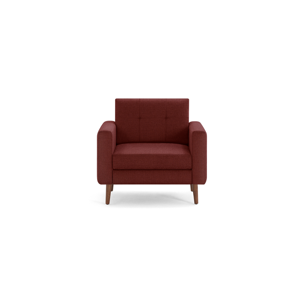 Front view of a single-seat modern armchair with deep red upholstery and wooden legs.