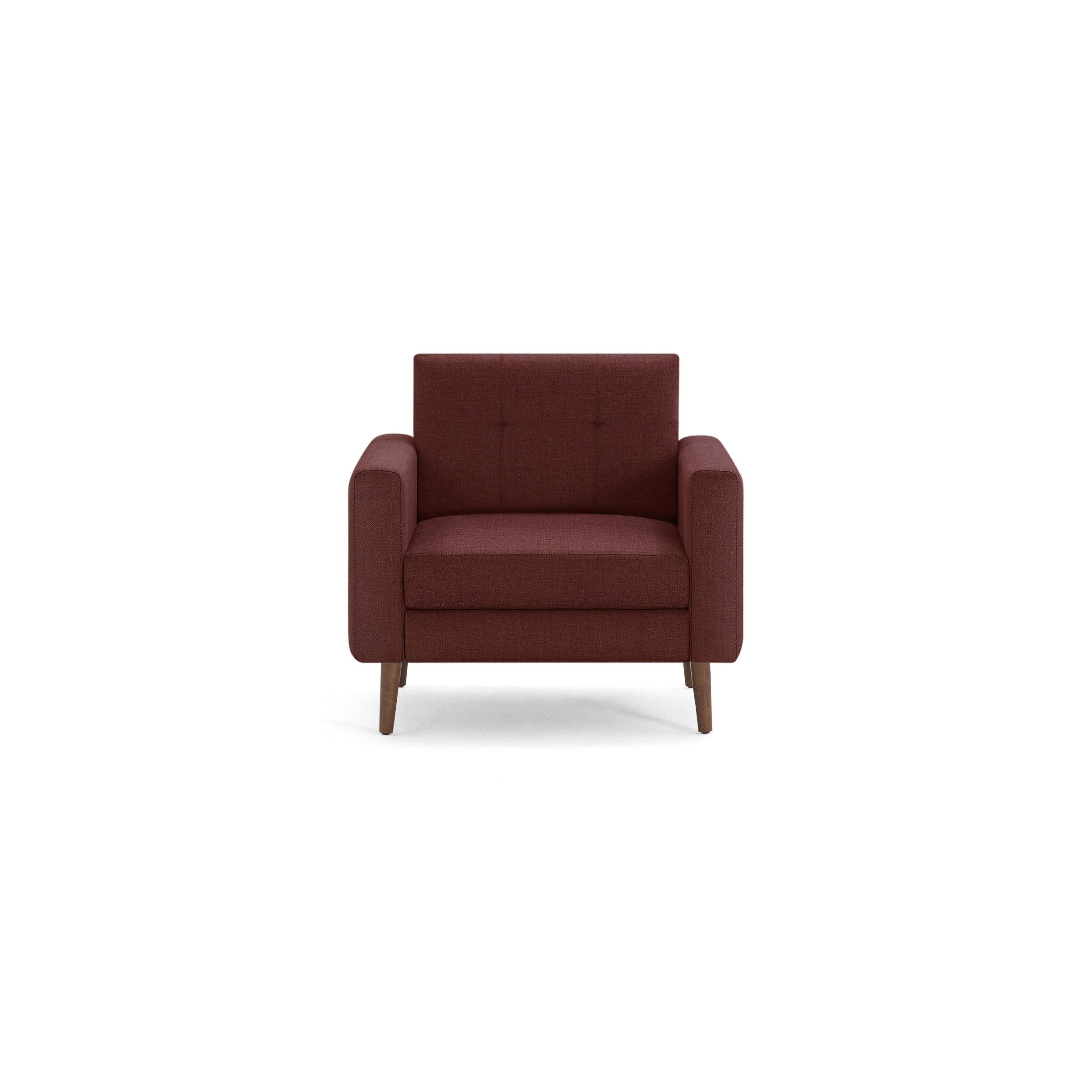 Front view of a single-seat modern armchair with deep red upholstery and wooden legs.