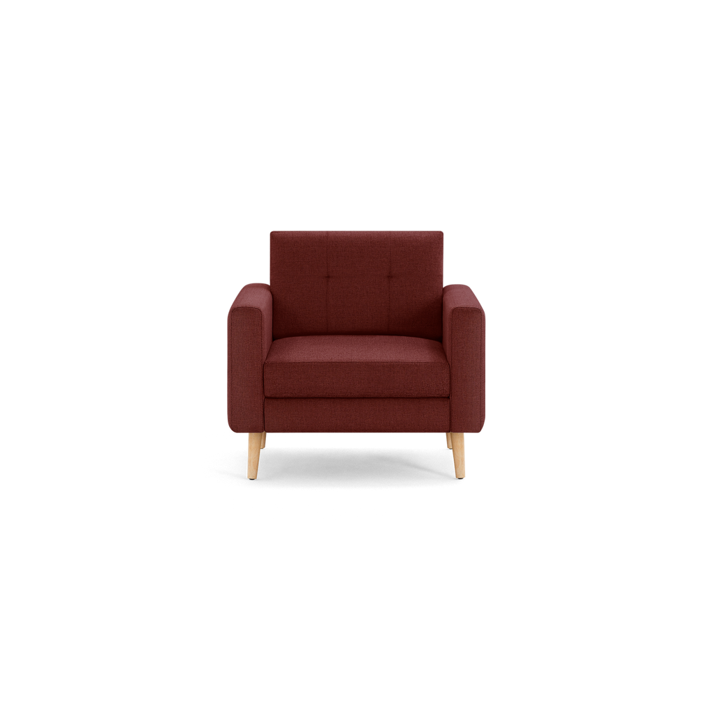 Front view of a modern, single-seat armchair with burgundy fabric upholstery and light wooden legs.