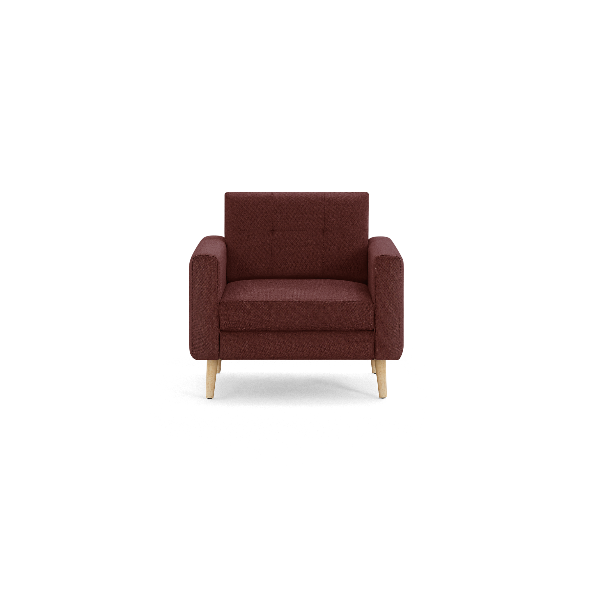 Front view of a modern, single-seat armchair with burgundy fabric upholstery and light wooden legs.