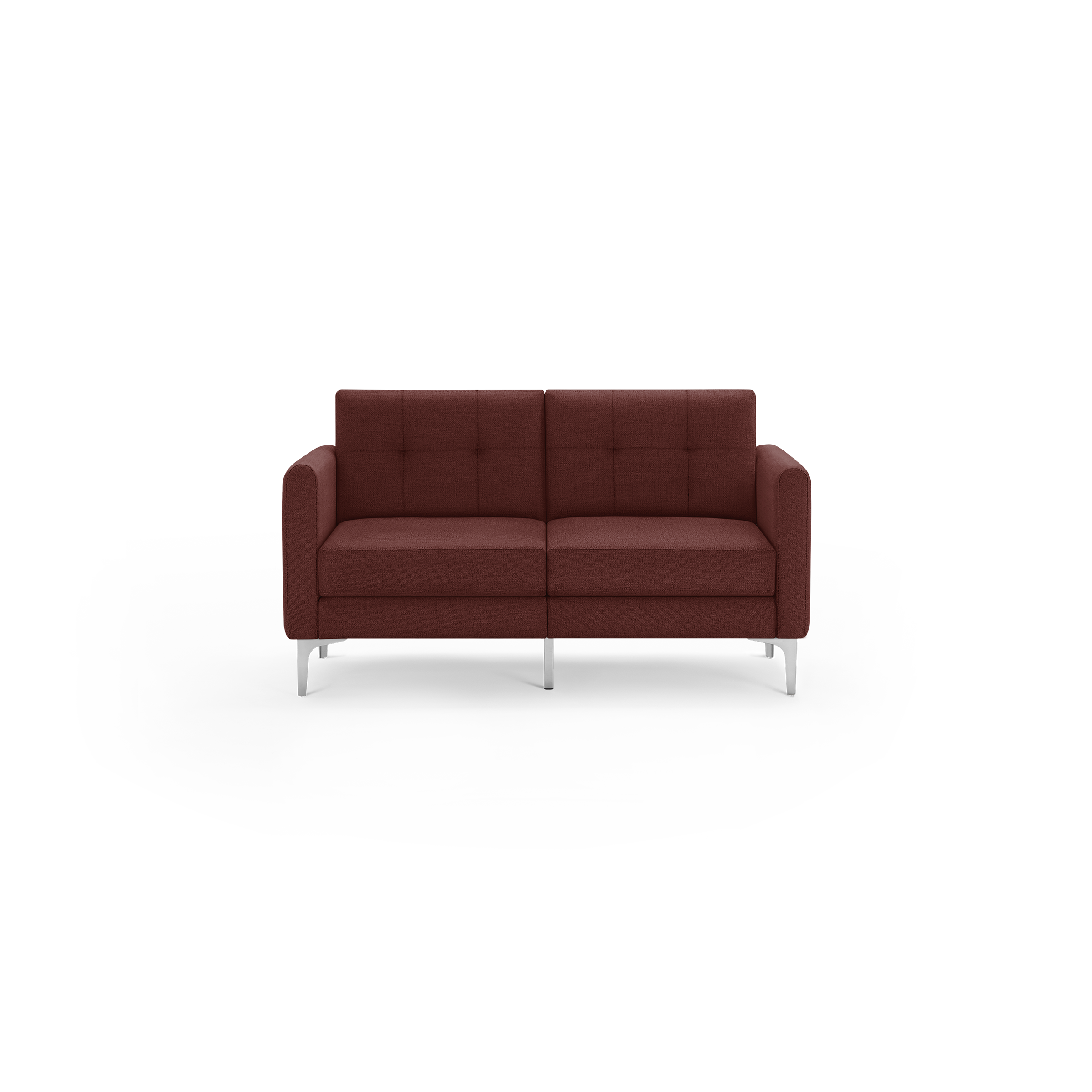 Modern two-seater sofa in dark red fabric with square tufted back cushions, box seat cushions, rounded armrests, and slim silver metal legs.