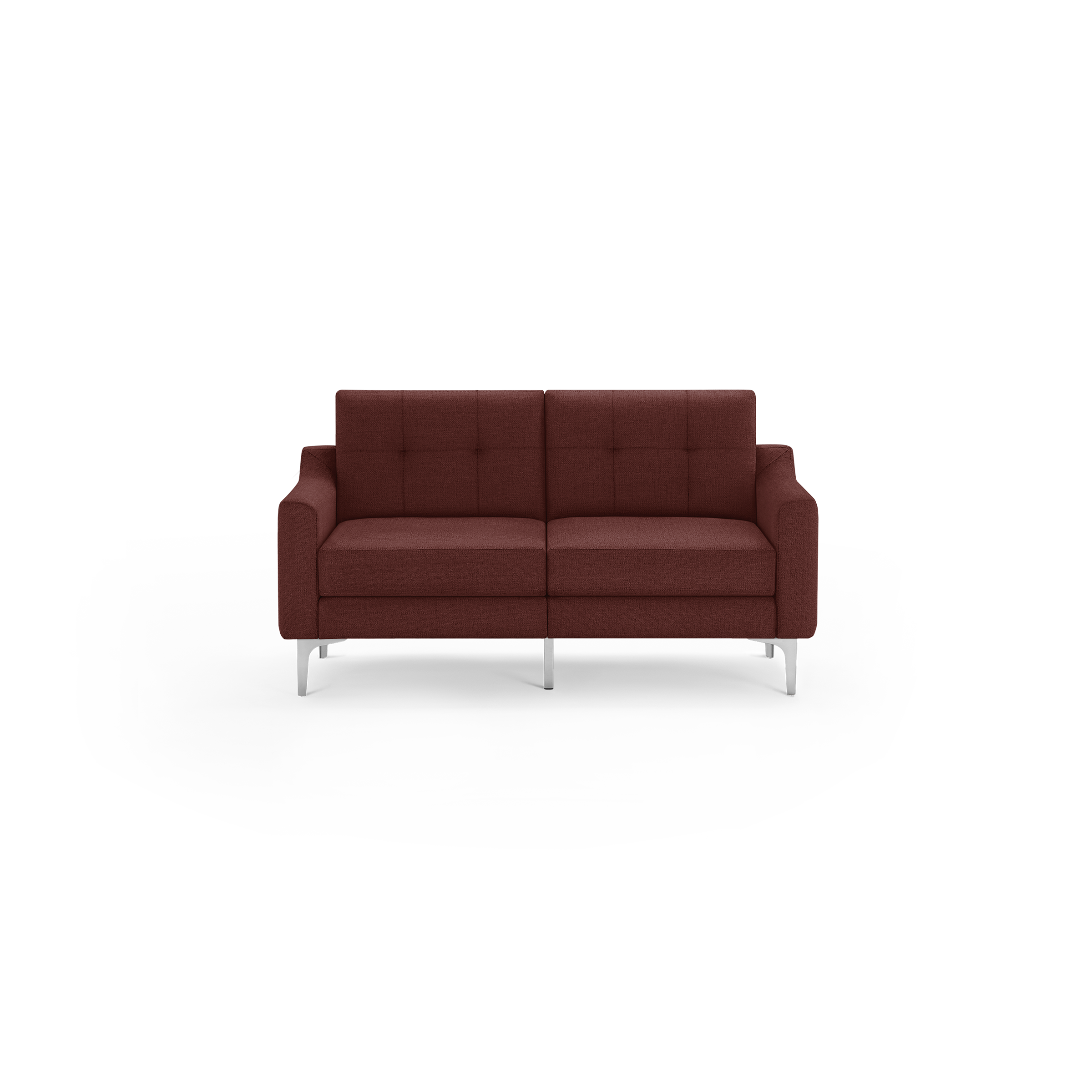 Modern two-seater sofa in dark red fabric with tufted back cushions and chrome metal legs, minimalist design.