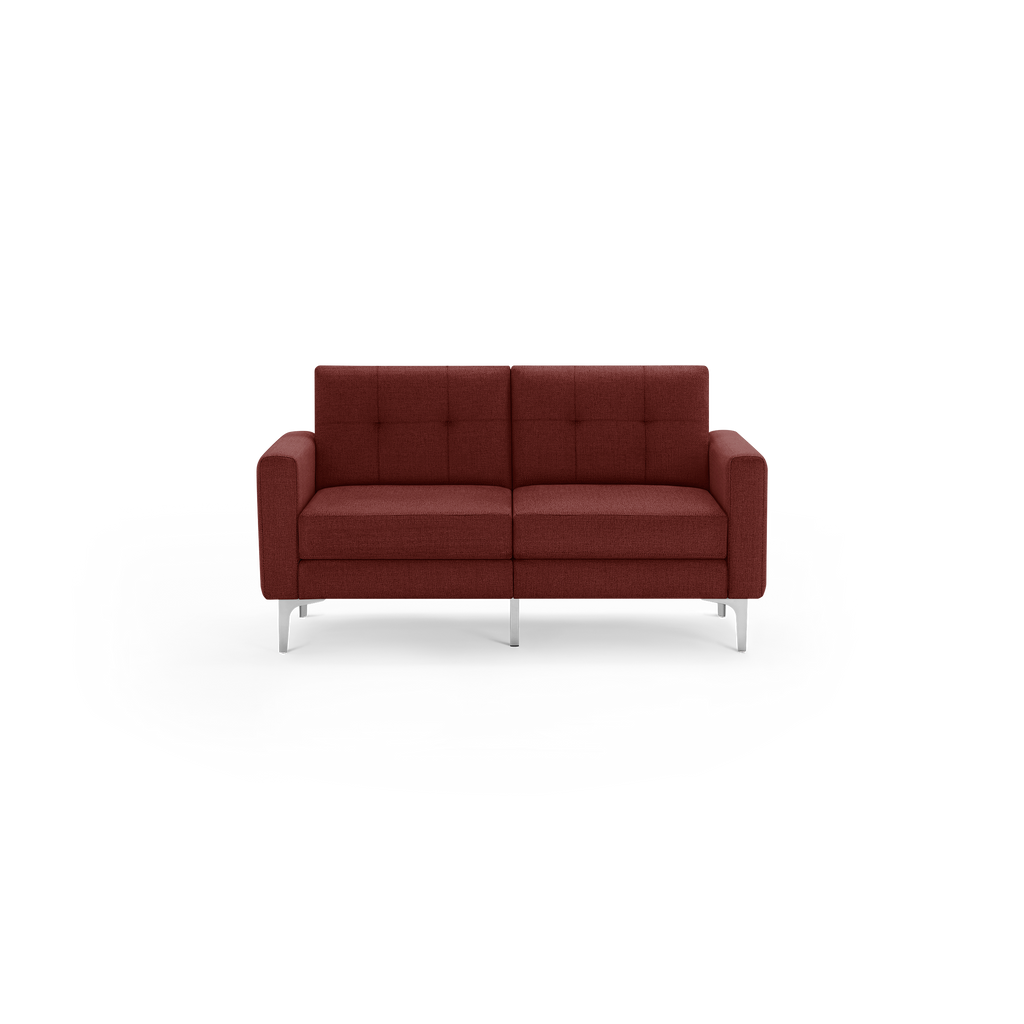 Modern two-seater sofa with red fabric upholstery, button-tufted backrest, cushioned seats, and sleek metal legs.