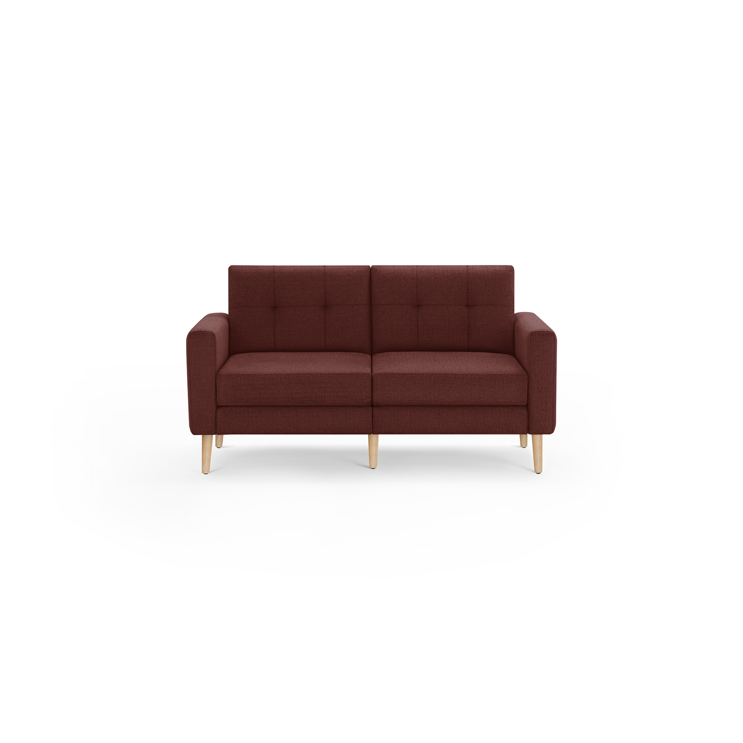 Modern mid-century style two-seater sofa in dark red fabric with tufted backrest and light wooden legs on a black background.