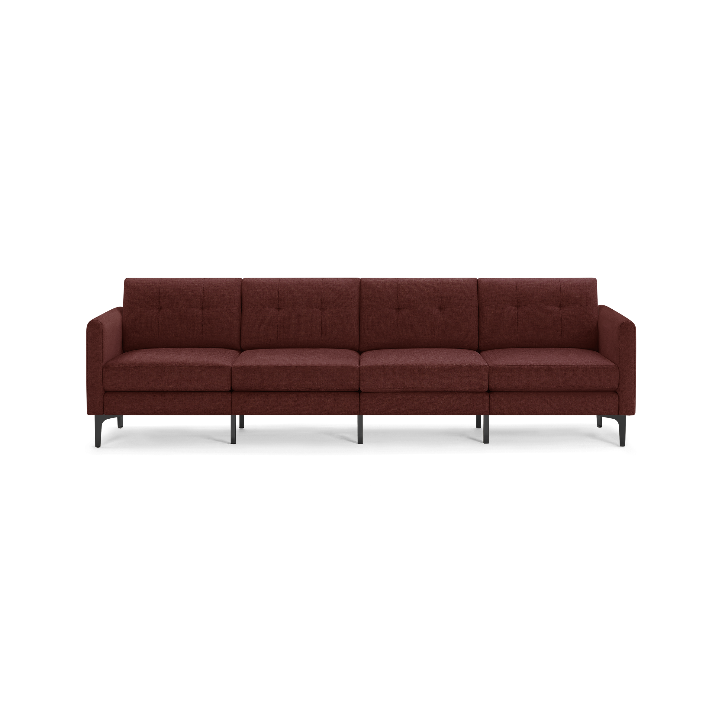 Four-seater modern sofa with deep red fabric upholstery, button-tufted backrests, and slim black metal legs.