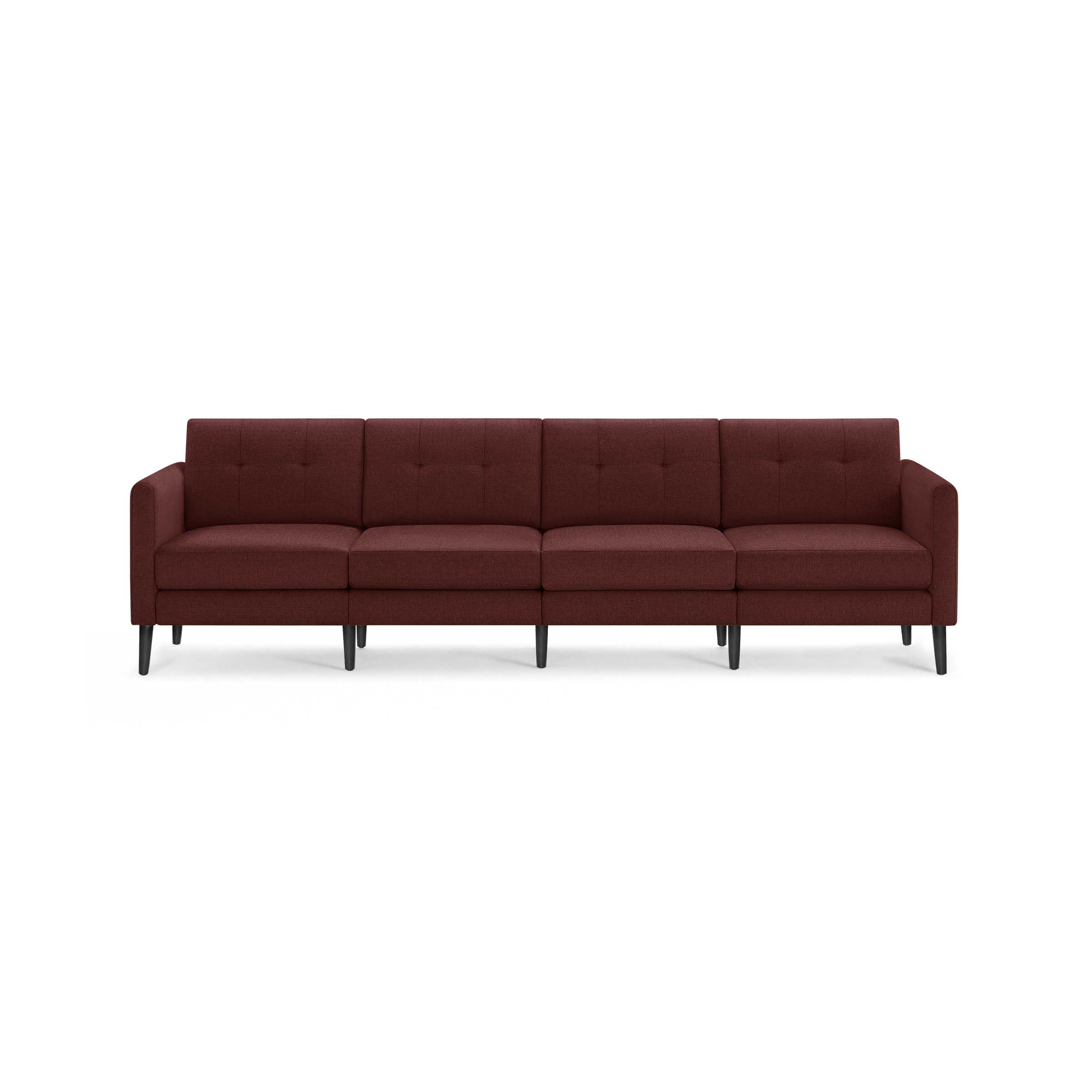 Four-seat, mid-century modern sofa upholstered in textured deep red fabric with tufted back cushions and black tapered wooden legs.