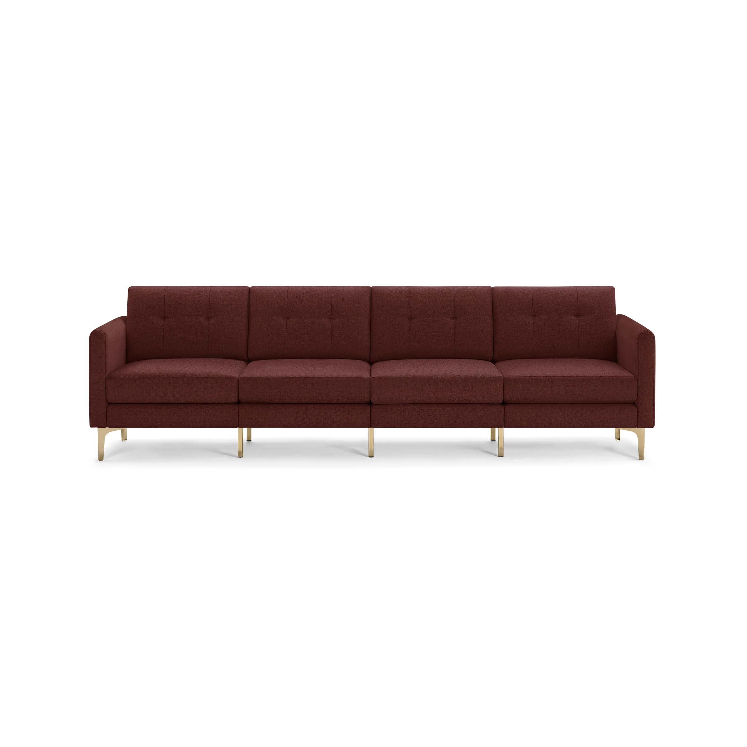 Modern four-seater sofa in deep burgundy fabric with button-tufted cushions and gold metal legs.