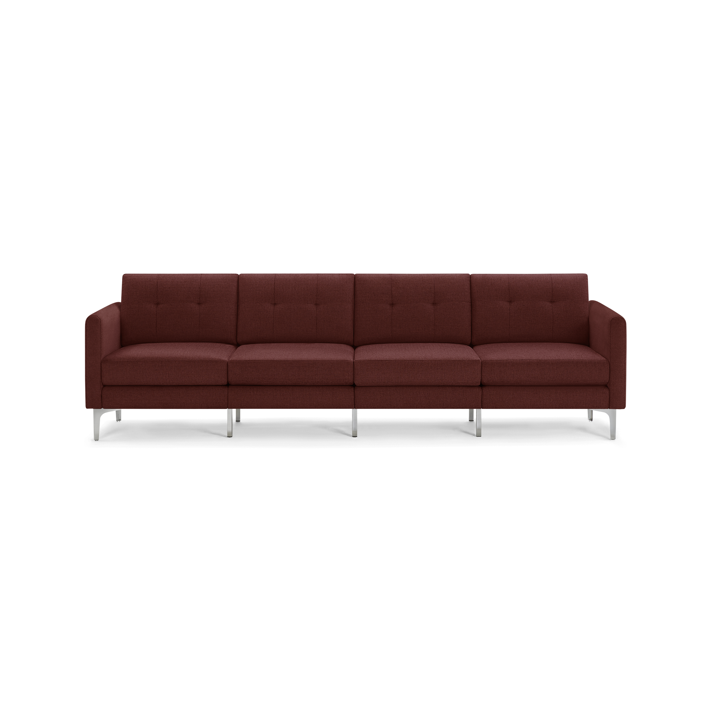 Four-seater modern sofa in deep rusty red fabric with tufted back cushions and sleek silver metal legs.