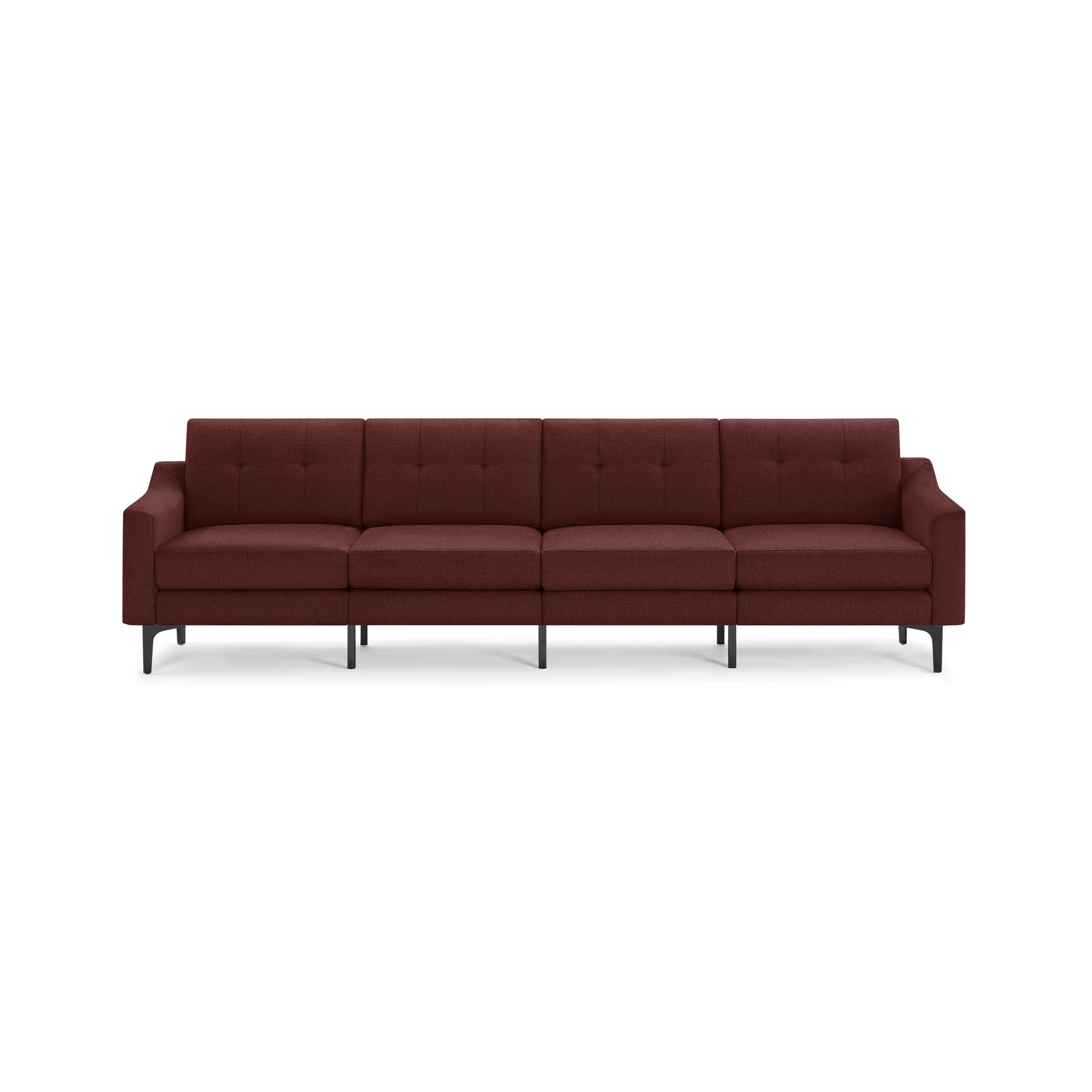 Four-seater modern sofa upholstered in deep red fabric with tufted back cushions and black angled legs.