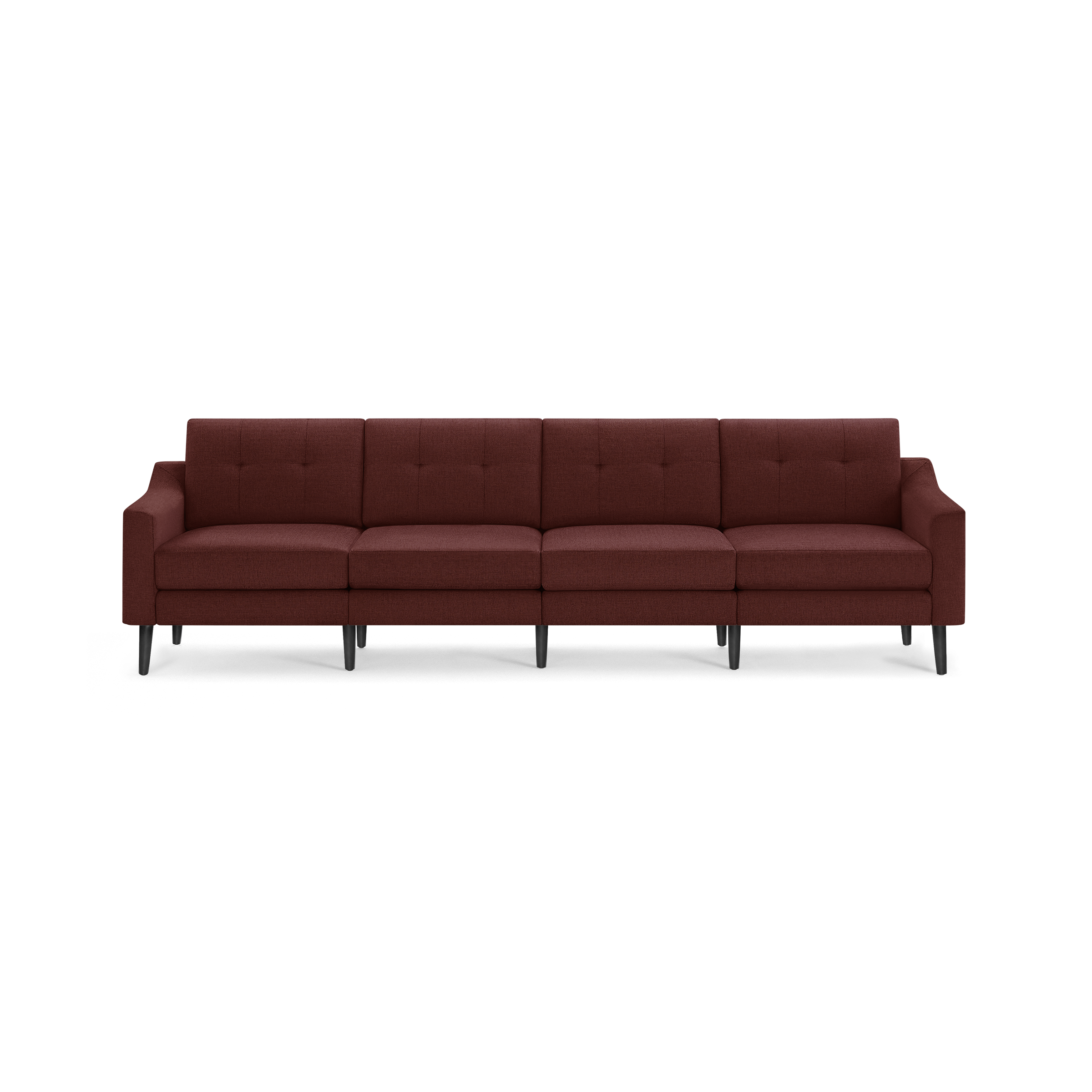 Four-seater modern sofa with tufted back cushions, deep reddish-brown fabric upholstery, and sleek black legs.