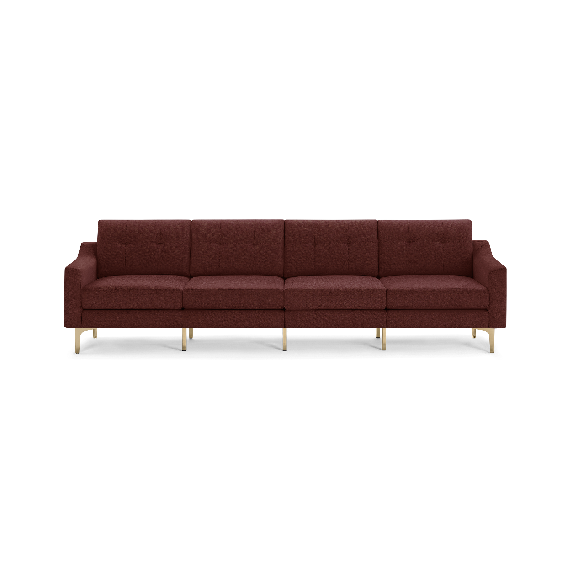 Four-seat modern sofa upholstered in deep red fabric with tufted cushions and gold metal legs, featuring straight armrests.