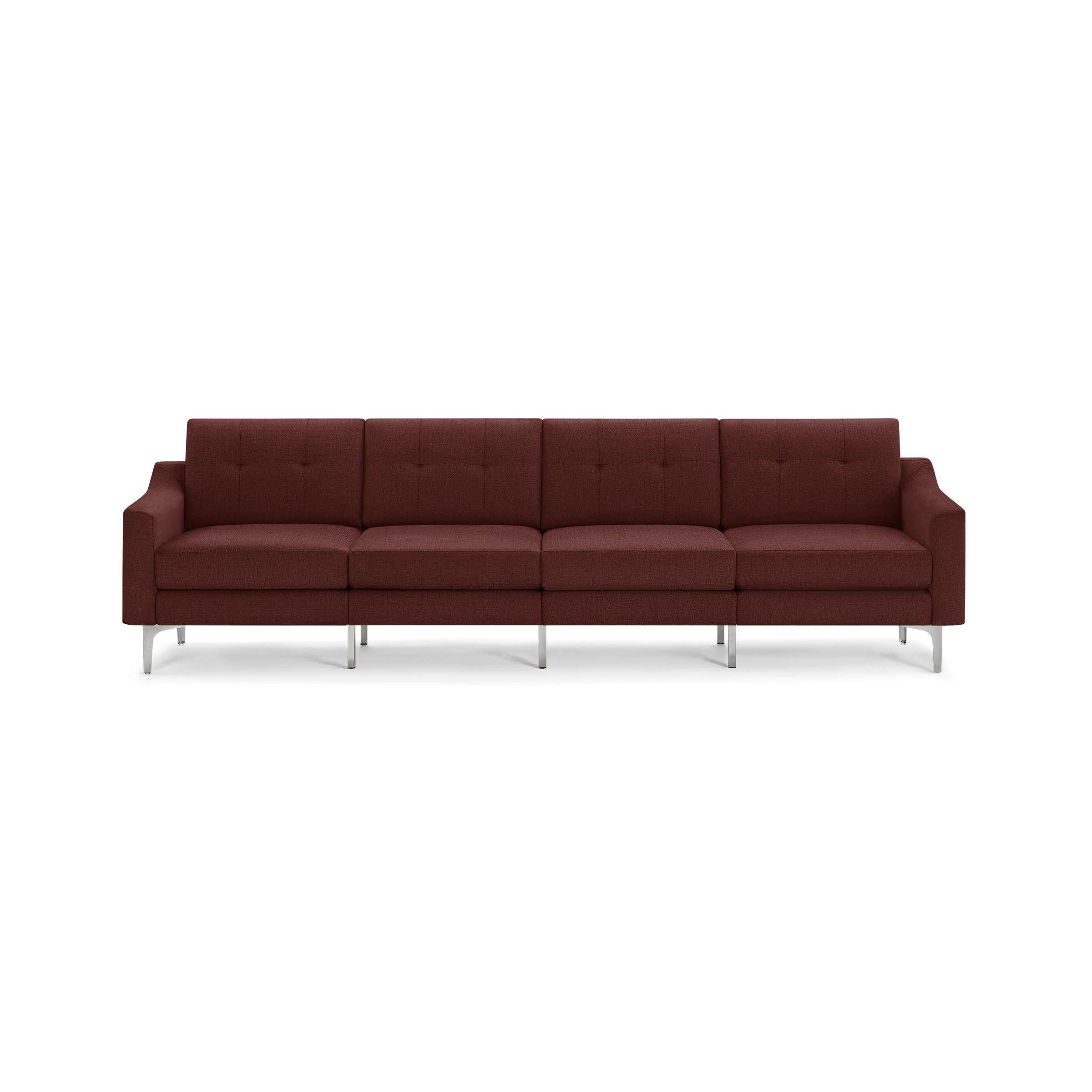 Modern four-seater sofa with tufted cushions, upholstered in deep red fabric, featuring square arms and silver metal legs.