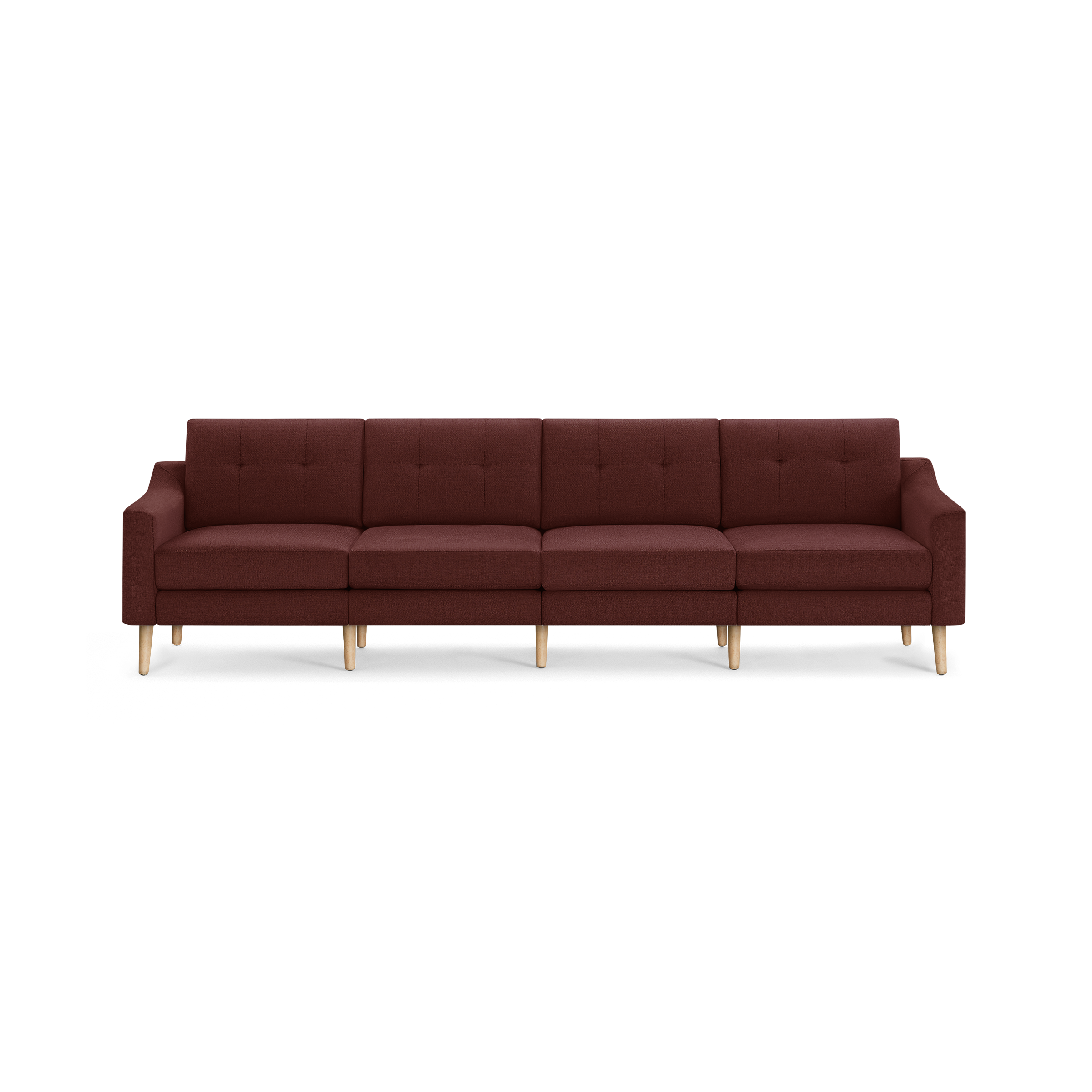 Four-seater modern sofa upholstered in burgundy fabric with wooden legs and tufted back cushions, designed for living room comfort.