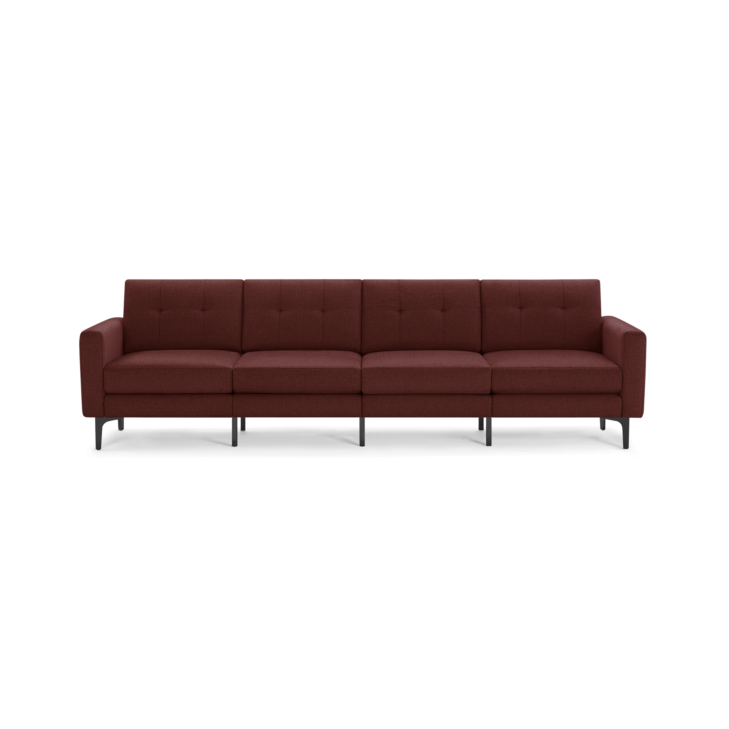 Modern four-seater sofa in deep red fabric with button-tufted back cushions and black metal legs, featuring clean lines and square armrests.