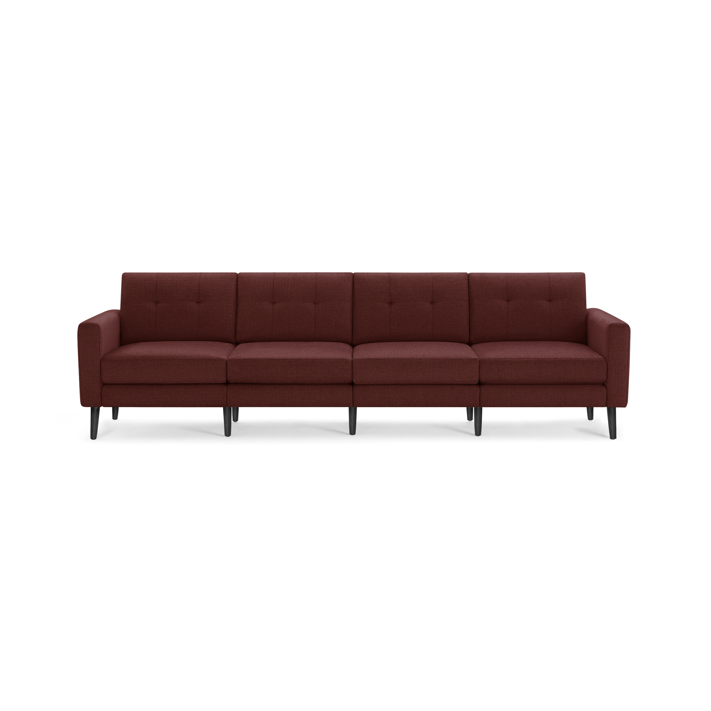 Modern four-seater sofa in deep red fabric with tufted back cushions and black tapered wooden legs.