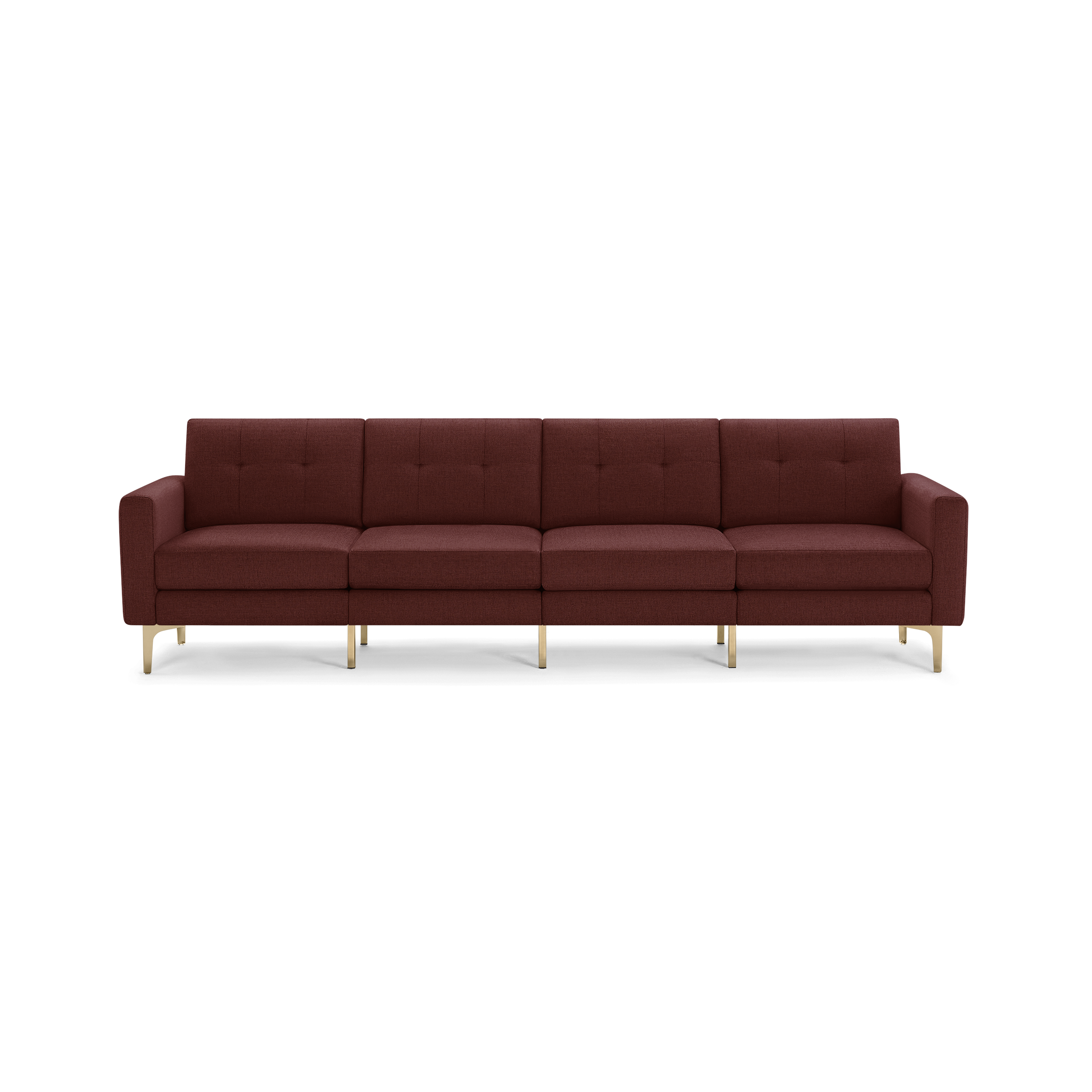 Modern four-seater sofa in deep burgundy fabric with tufted back cushions and sleek gold metal legs.