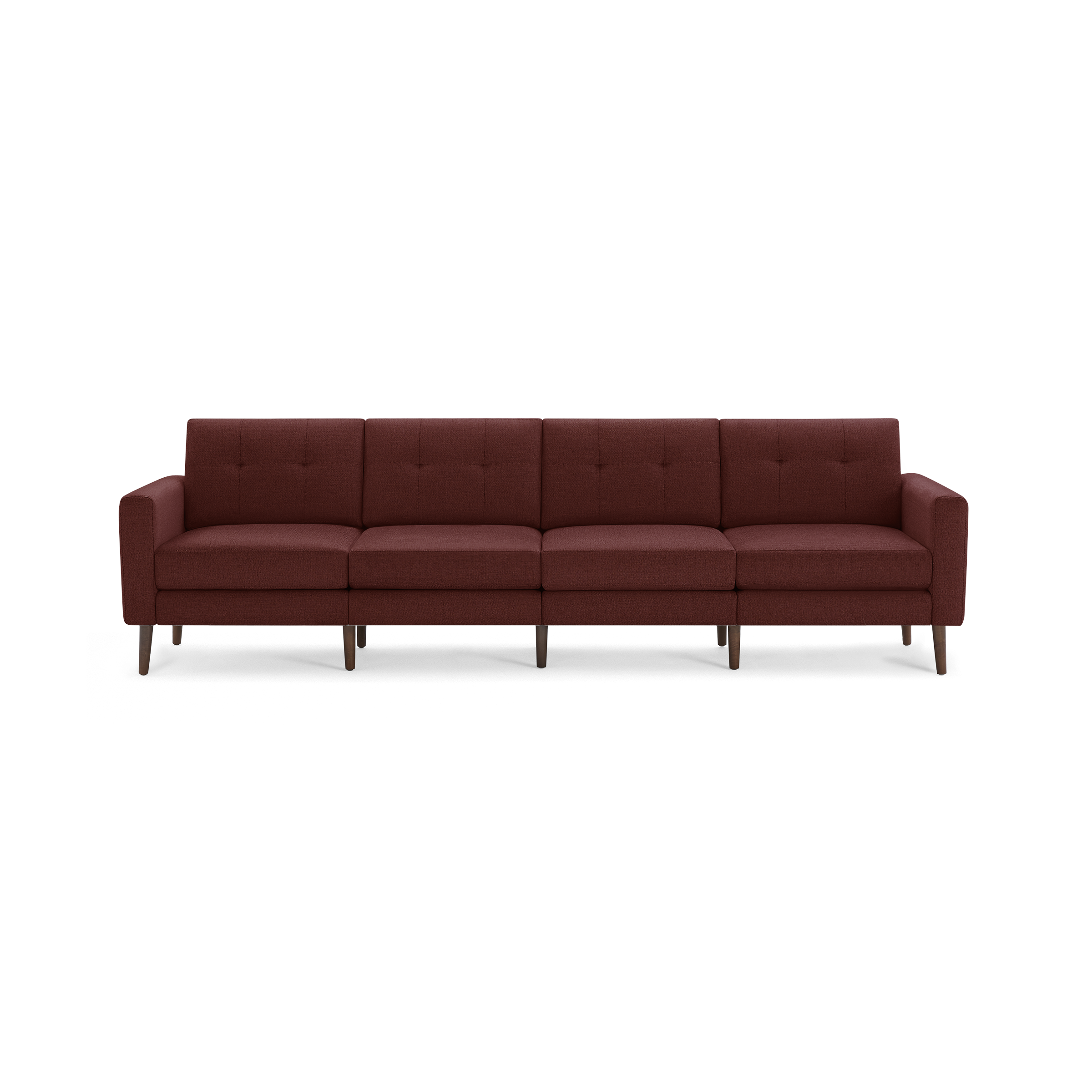 Wide four-seater sofa with dark red fabric upholstery, button-tufted back cushions, slim armrests, and tapered wooden legs.
