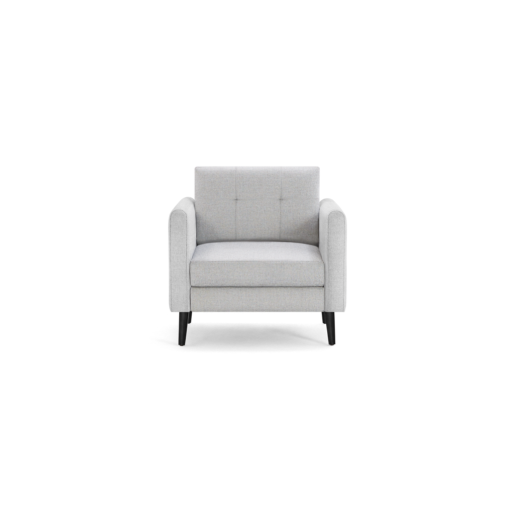 Light gray fabric armchair with tufted backrest, cushioned seat, rounded arms, and black wooden legs, isolated on black background.