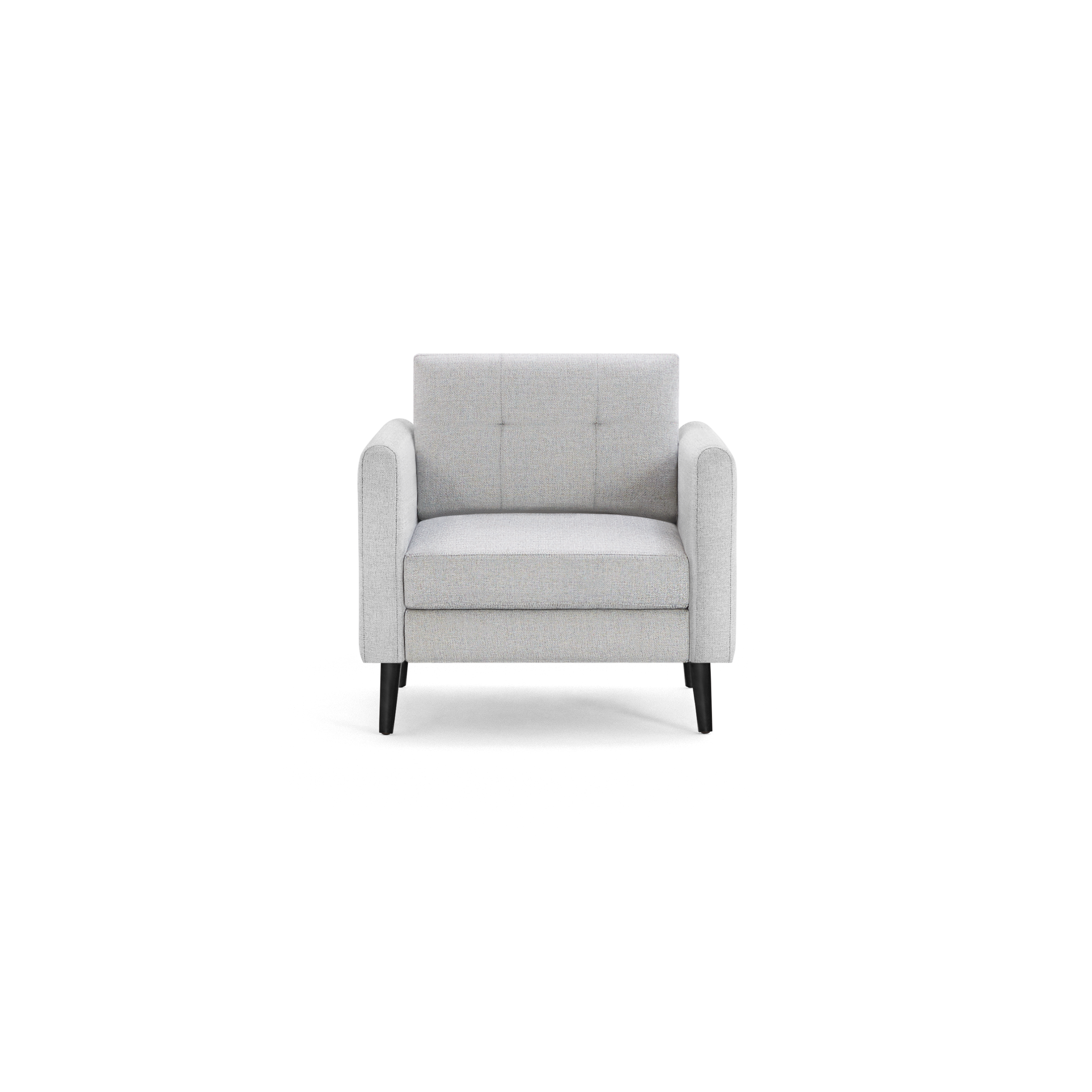 Light gray fabric armchair with tufted backrest, cushioned seat, rounded arms, and black wooden legs, isolated on black background.