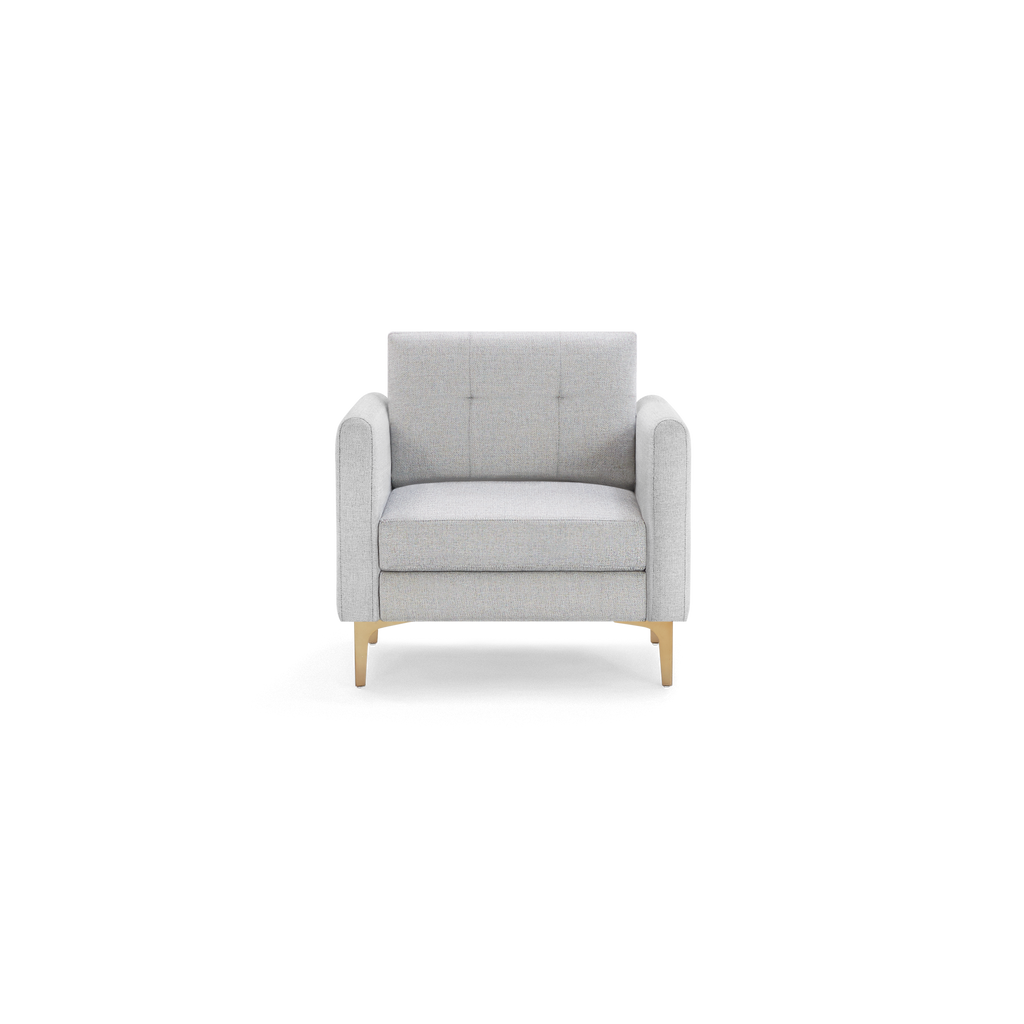 Modern gray fabric armchair with cushioned seat and backrest, featuring wooden legs and simple, clean lines.