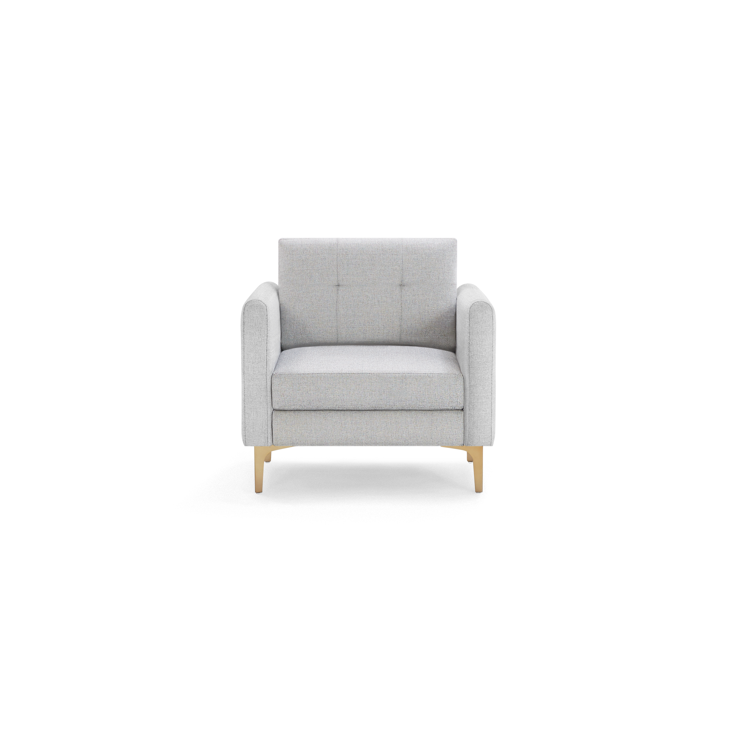 Modern gray fabric armchair with cushioned seat and backrest, featuring wooden legs and simple, clean lines.
