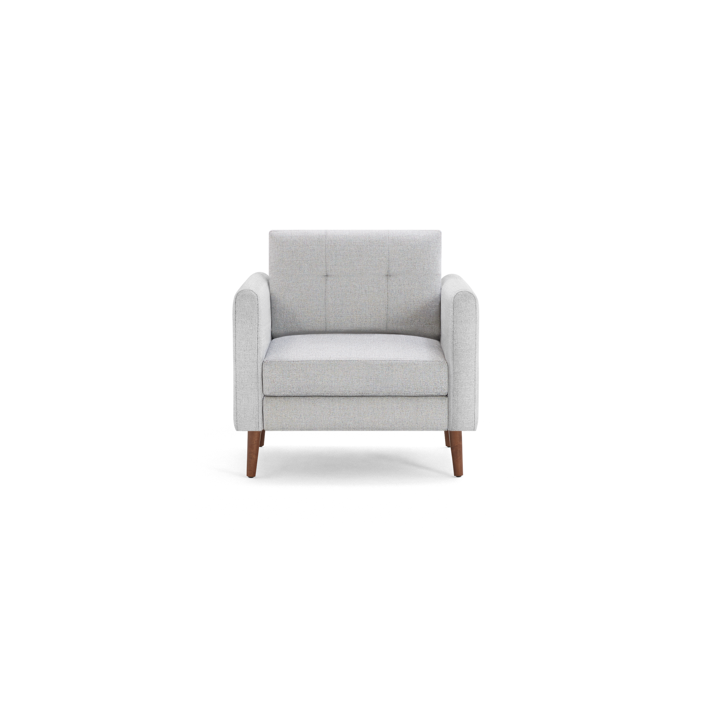 Modern light gray upholstered armchair with tufted backrest and wooden legs, featuring broad armrests for comfortable seating.