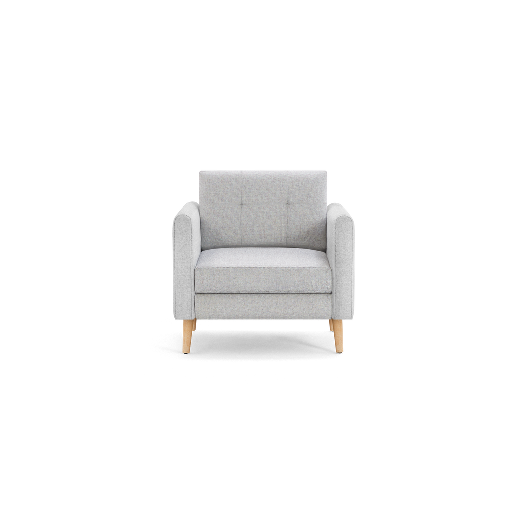 Light gray upholstered armchair with tufted backrest, square arms, and natural wood legs, modern compact design.