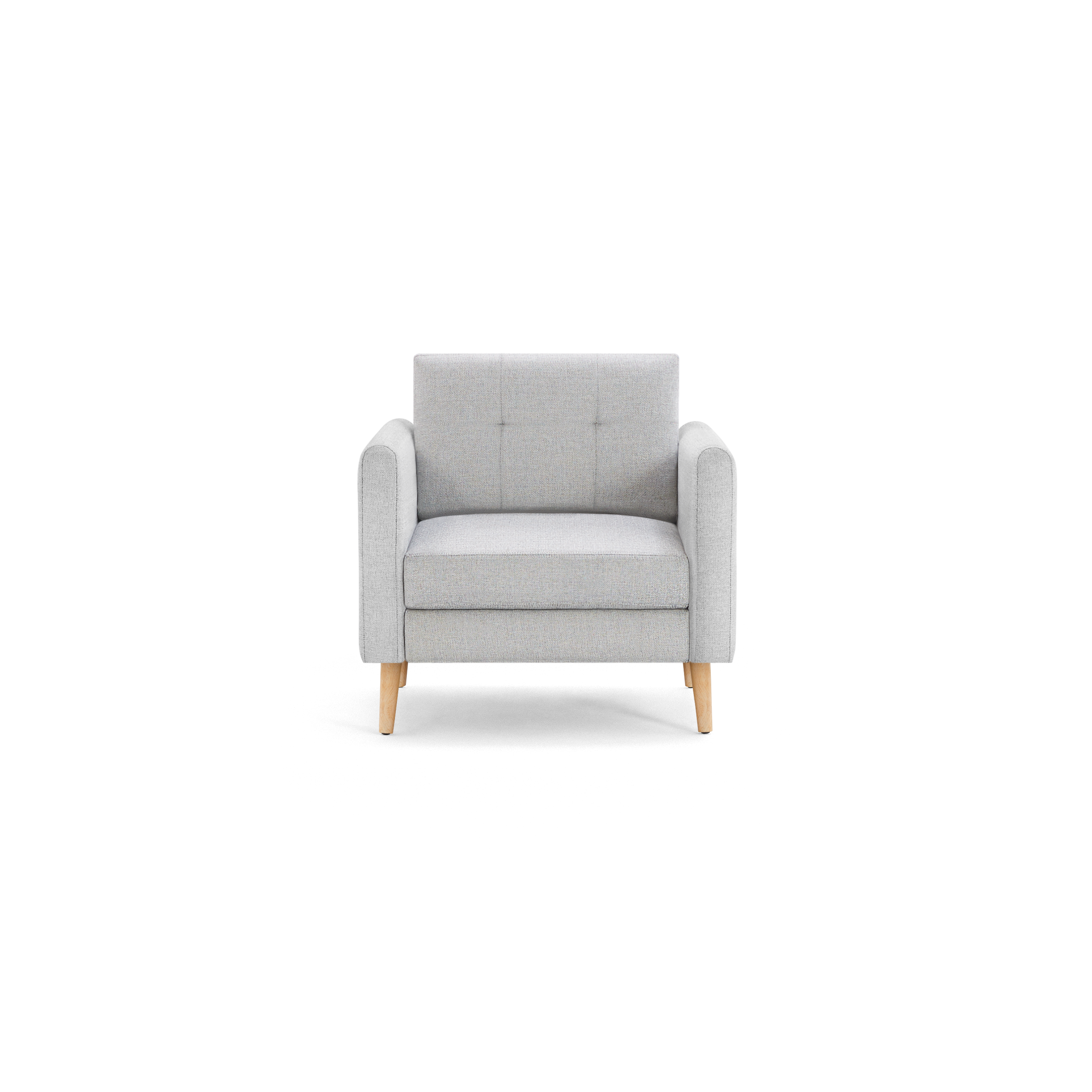 Light gray upholstered armchair with tufted backrest, square arms, and natural wood legs, modern compact design.