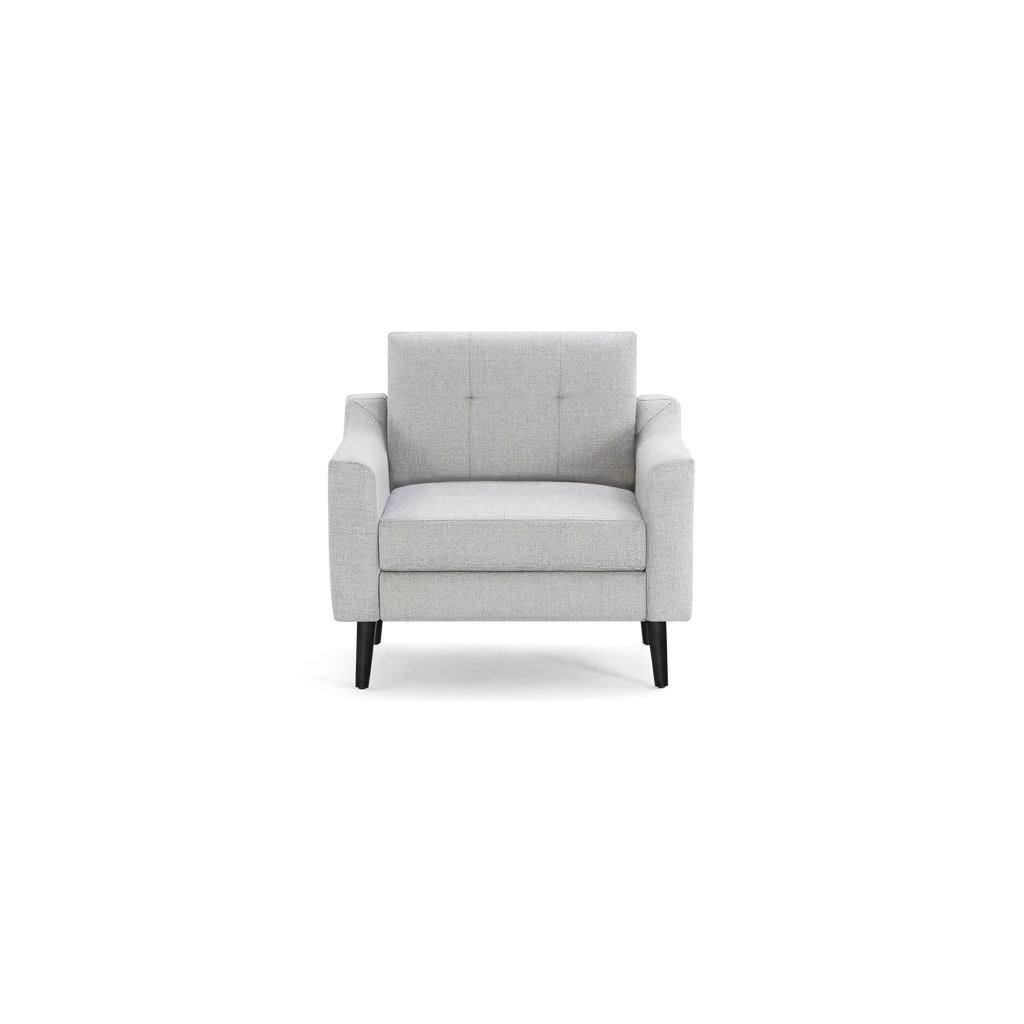 Light gray upholstered armchair with a tufted backrest, cushioned seat, and black wooden legs, shown from the front.