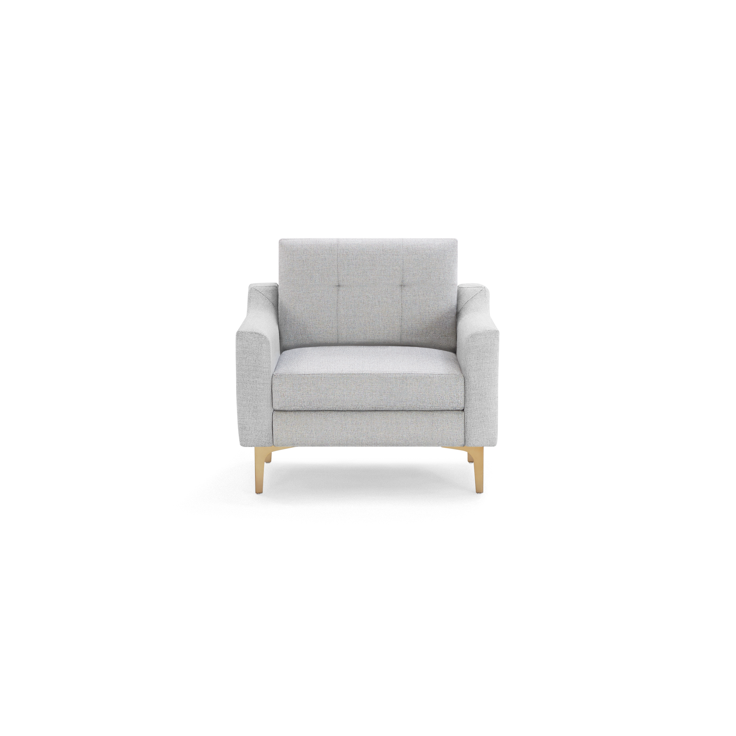 Light gray upholstered armchair with square tufted backrest and wooden tapered legs, shown on a black background.