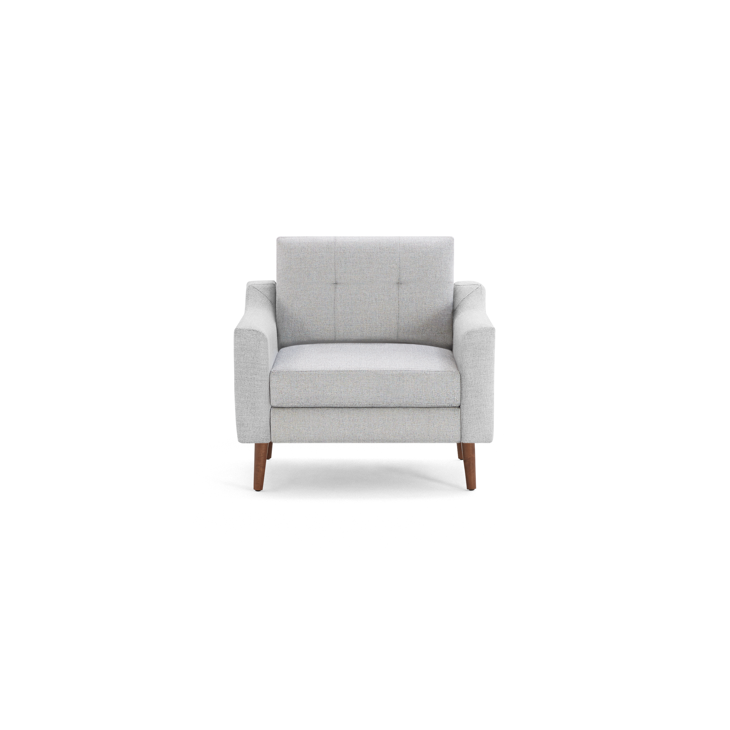 Light gray upholstered armchair with tufted backrest, wide arms, and wooden tapered legs, modern and stylish design.