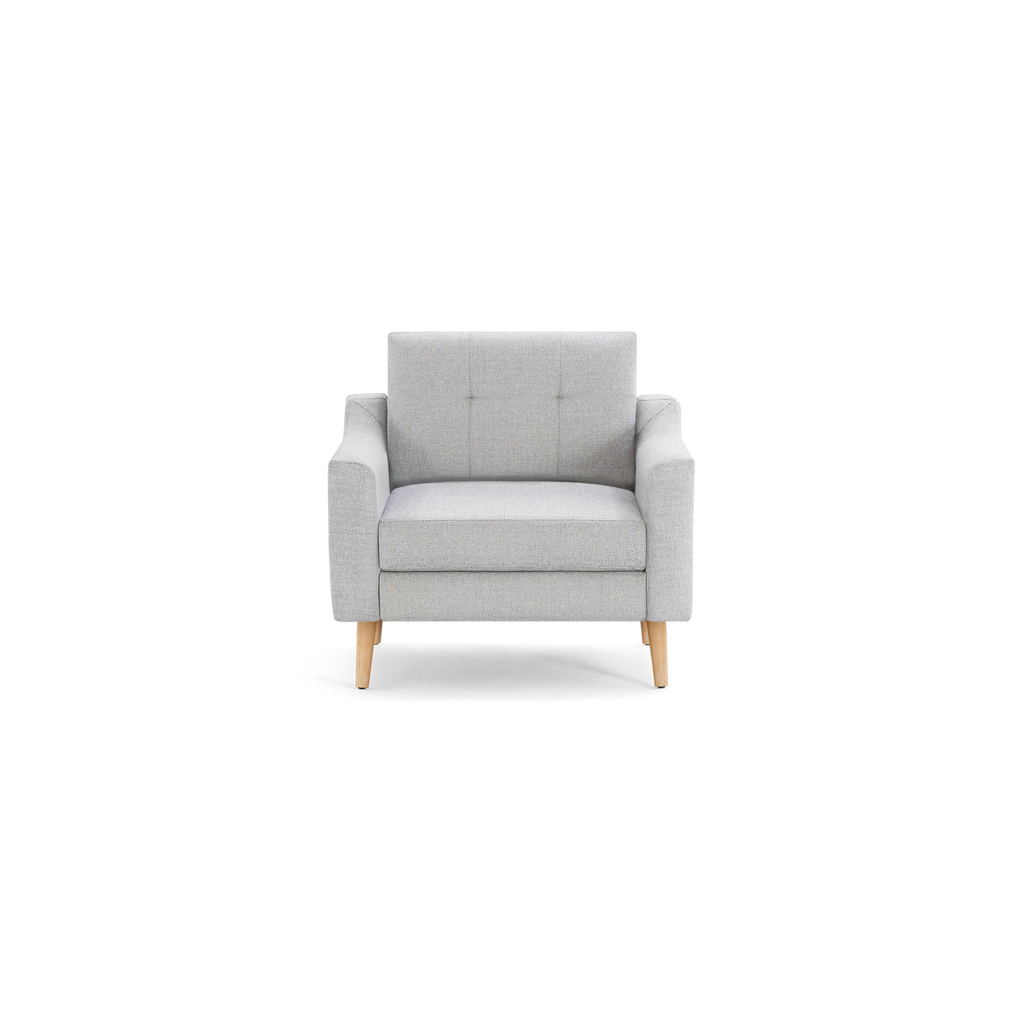 Light gray upholstered armchair with wooden legs, square backrest, and cushioned seat, showcasing modern minimalist design.