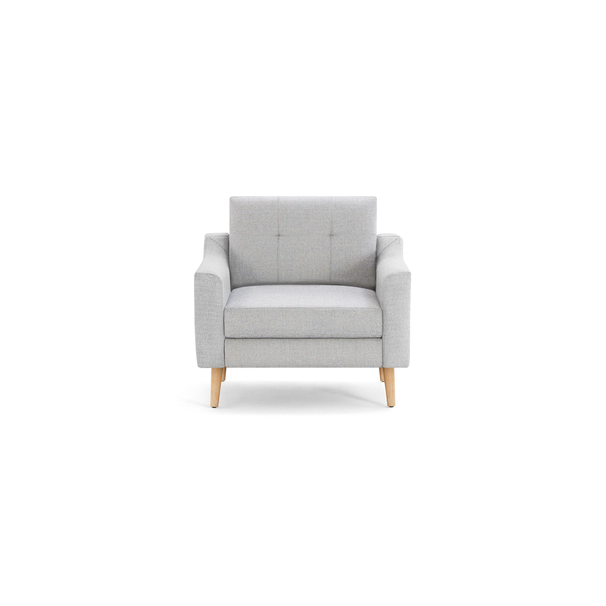 Light gray upholstered armchair with wooden legs, square backrest, and cushioned seat, showcasing modern minimalist design.