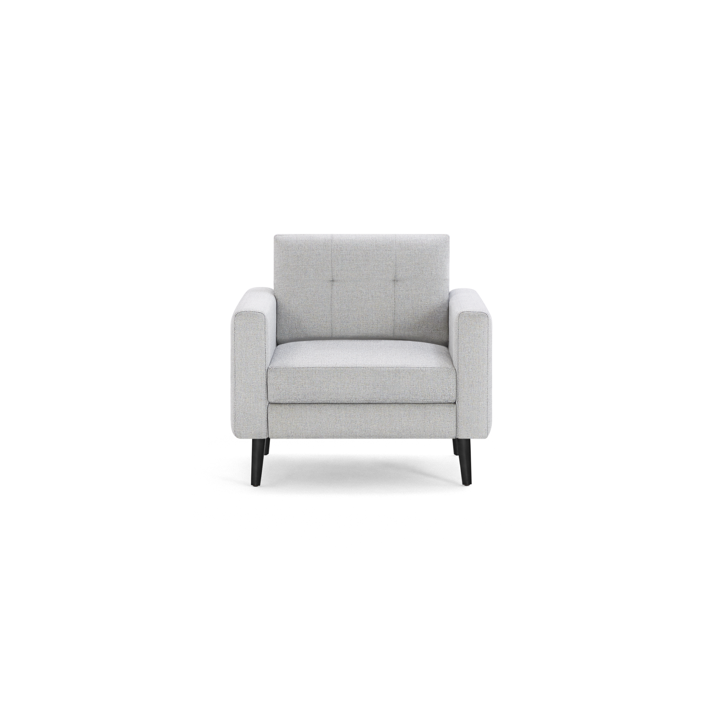 Light gray fabric armchair with clean lines, square arms, tufted backrest, and black tapered wooden legs.