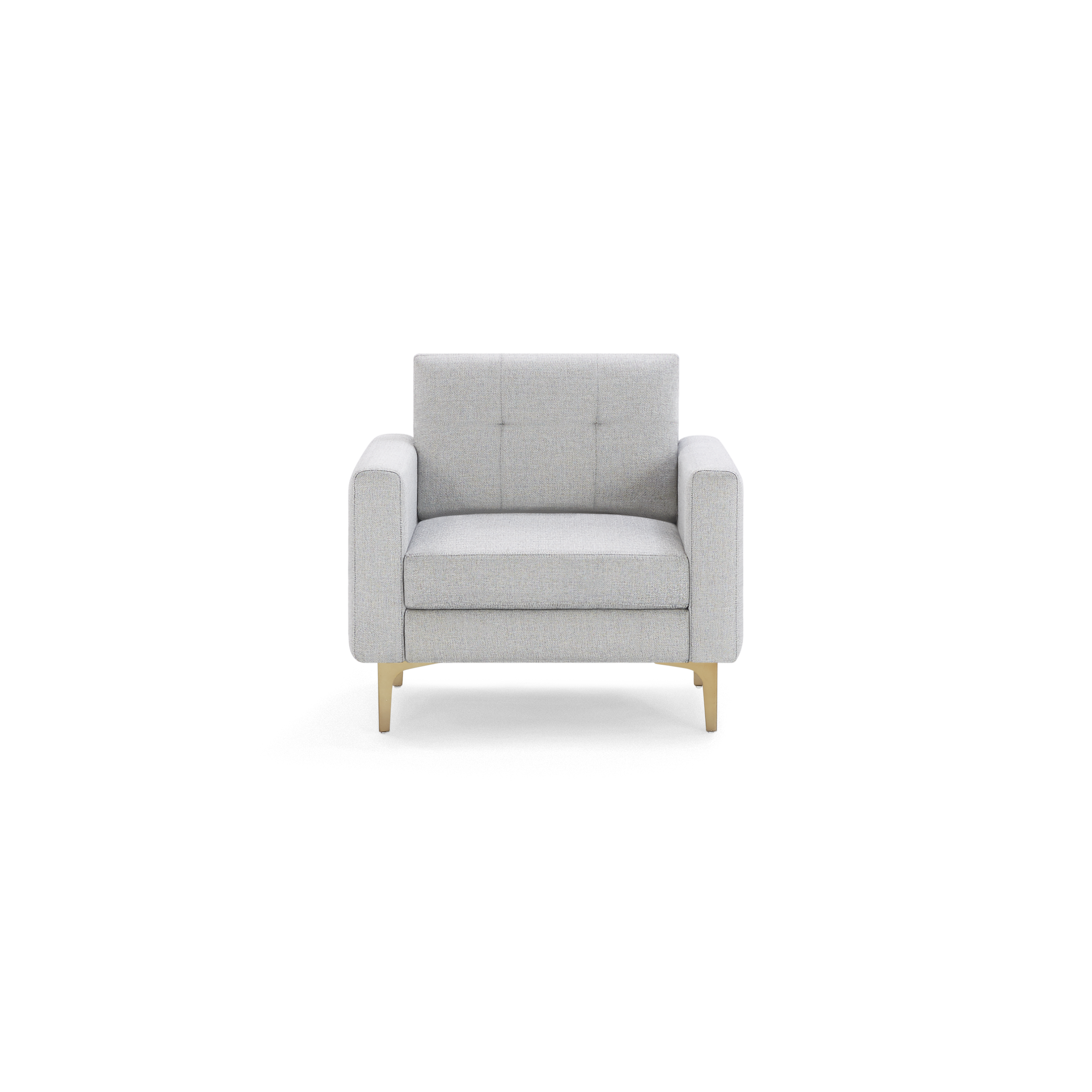 Modern light grey fabric armchair with square arms, tufted backrest, cushioned seat, and gold metal legs.